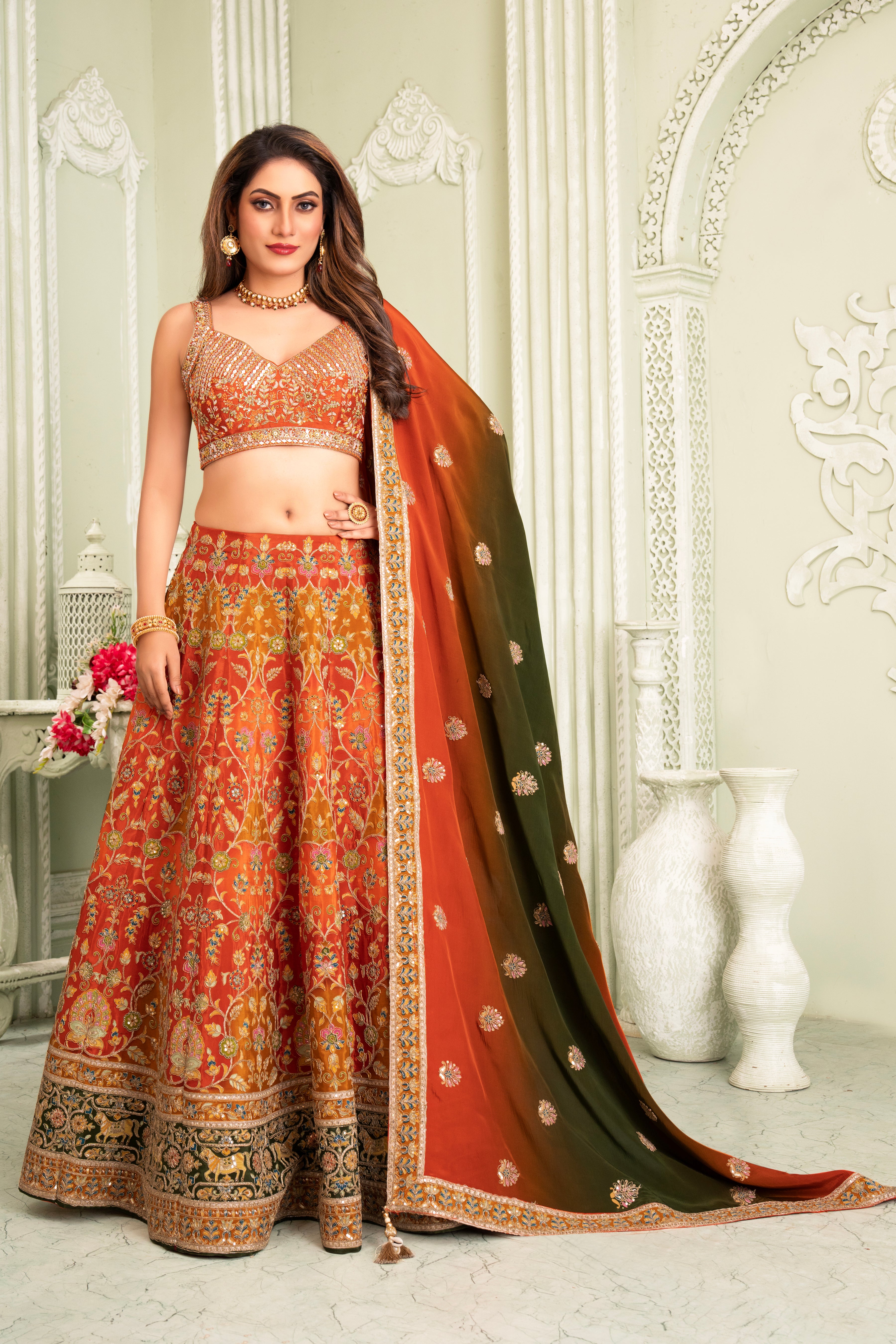Orange Golden Handwork Lehenga Set