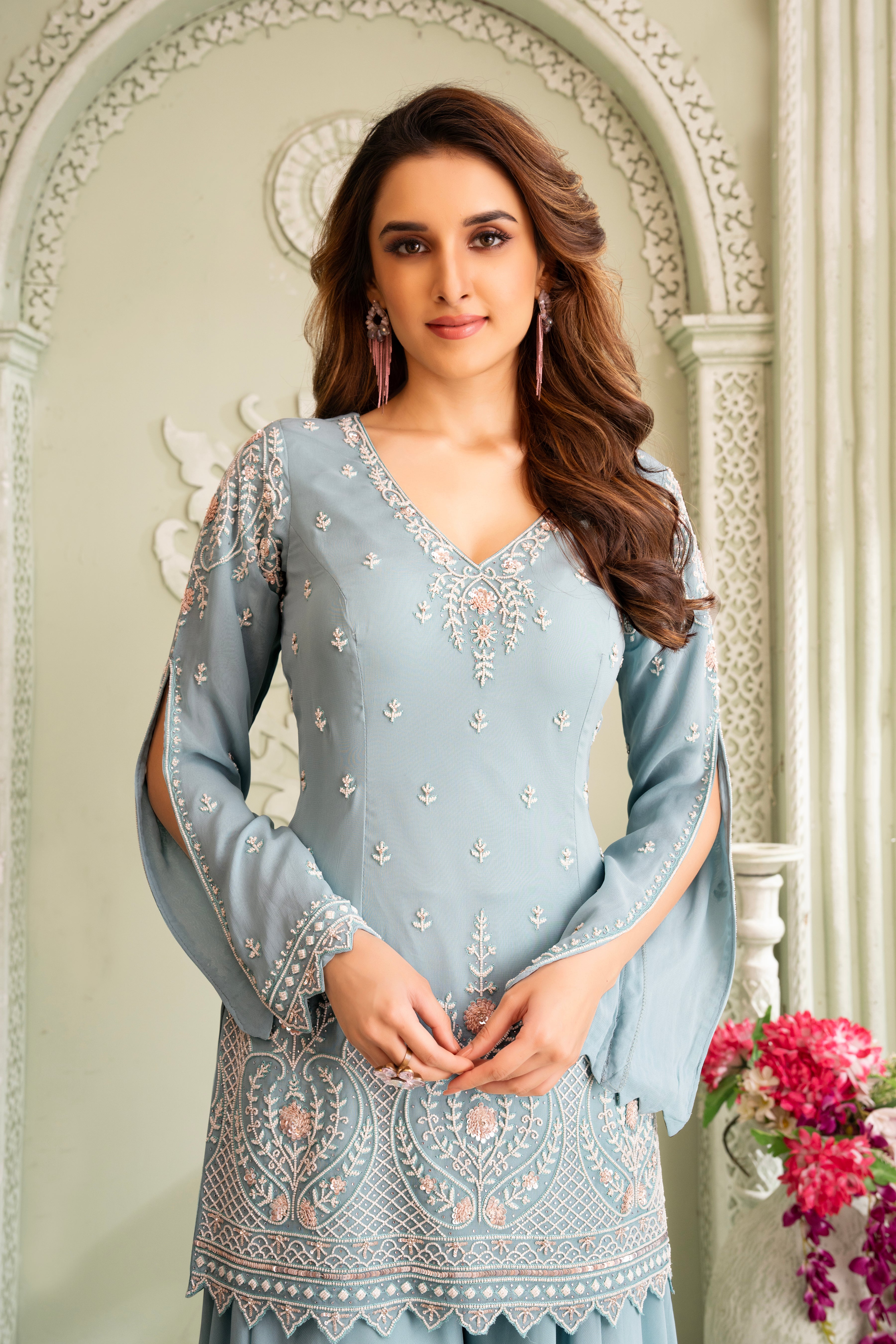 Pastel Blue Hand Embroidered Palazzo Set
