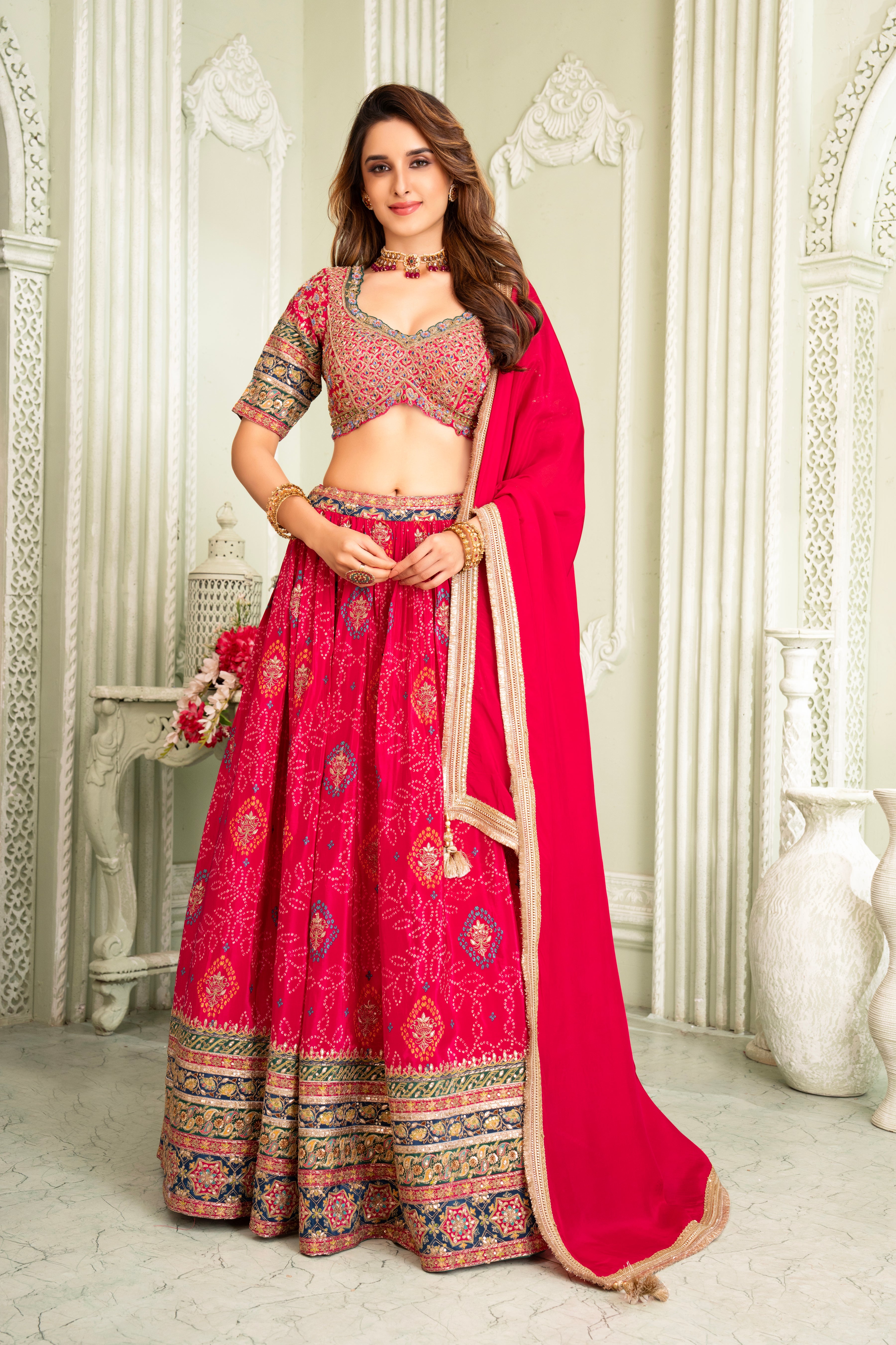 Traditional Red Bhandhej Printed Lehenga Set