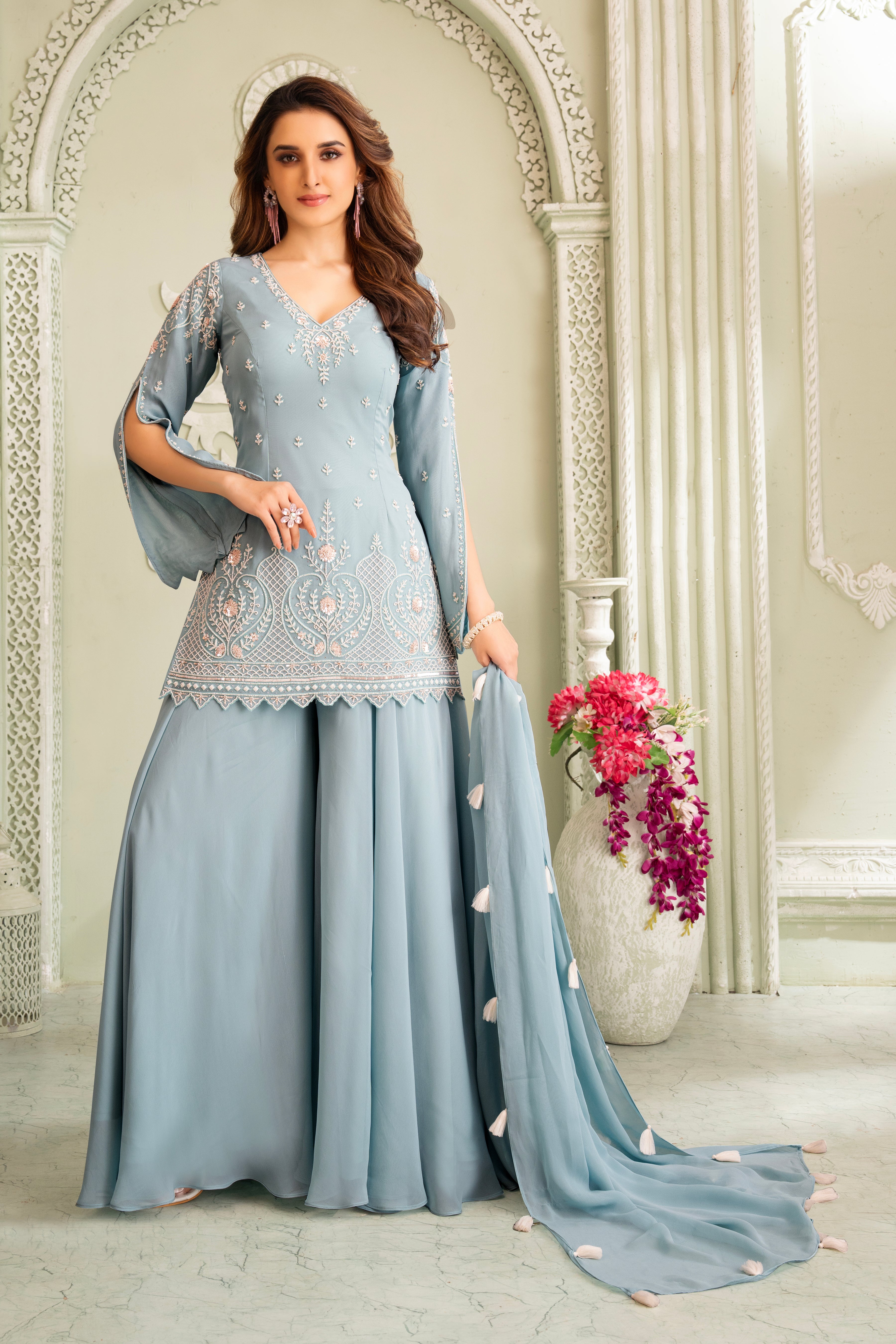 Pastel Blue Hand Embroidered Palazzo Set