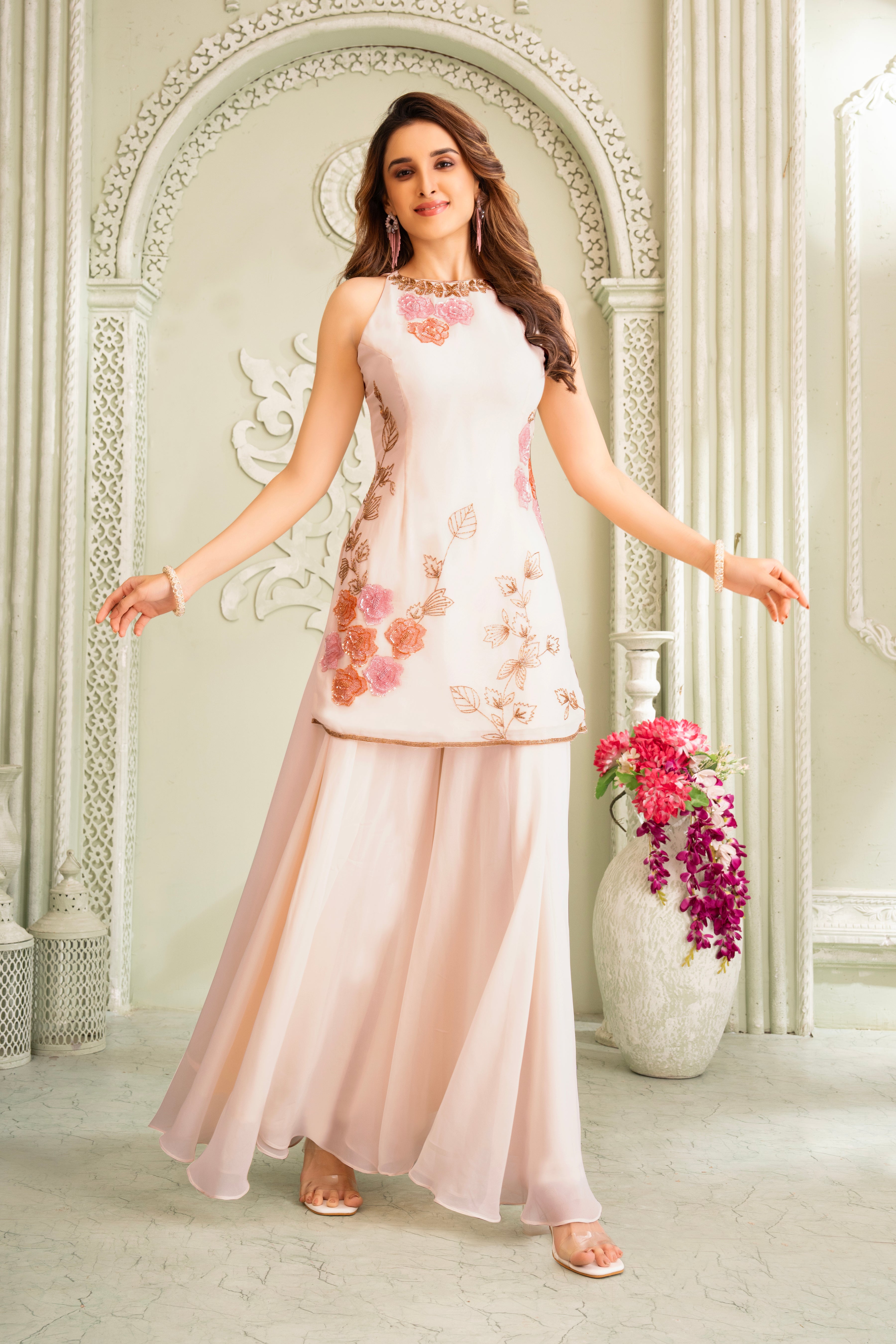 Soft Pink Floral Handwork Palazzo Set