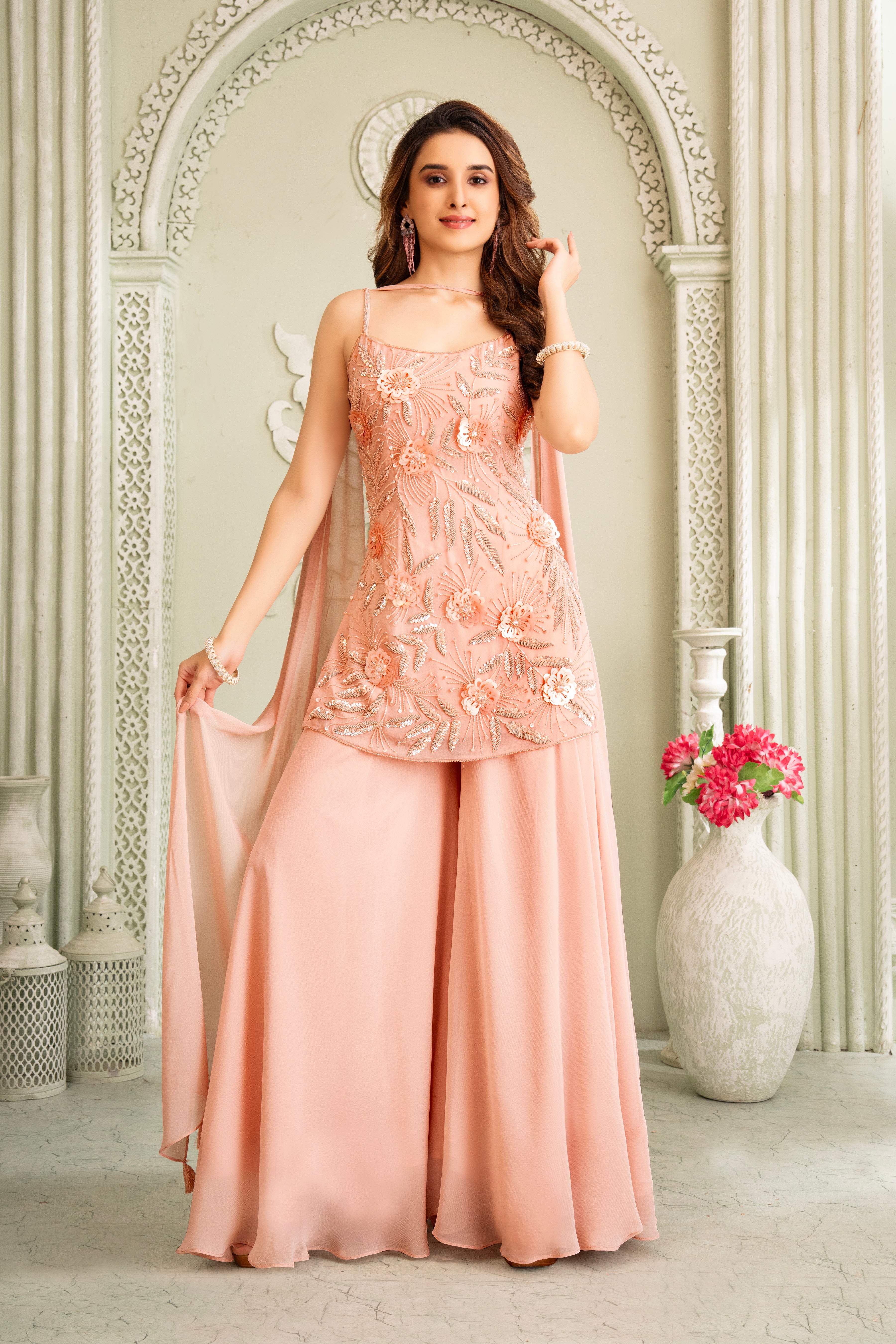 Soft Peach Delicate Sequins Tunic Palazzo Set