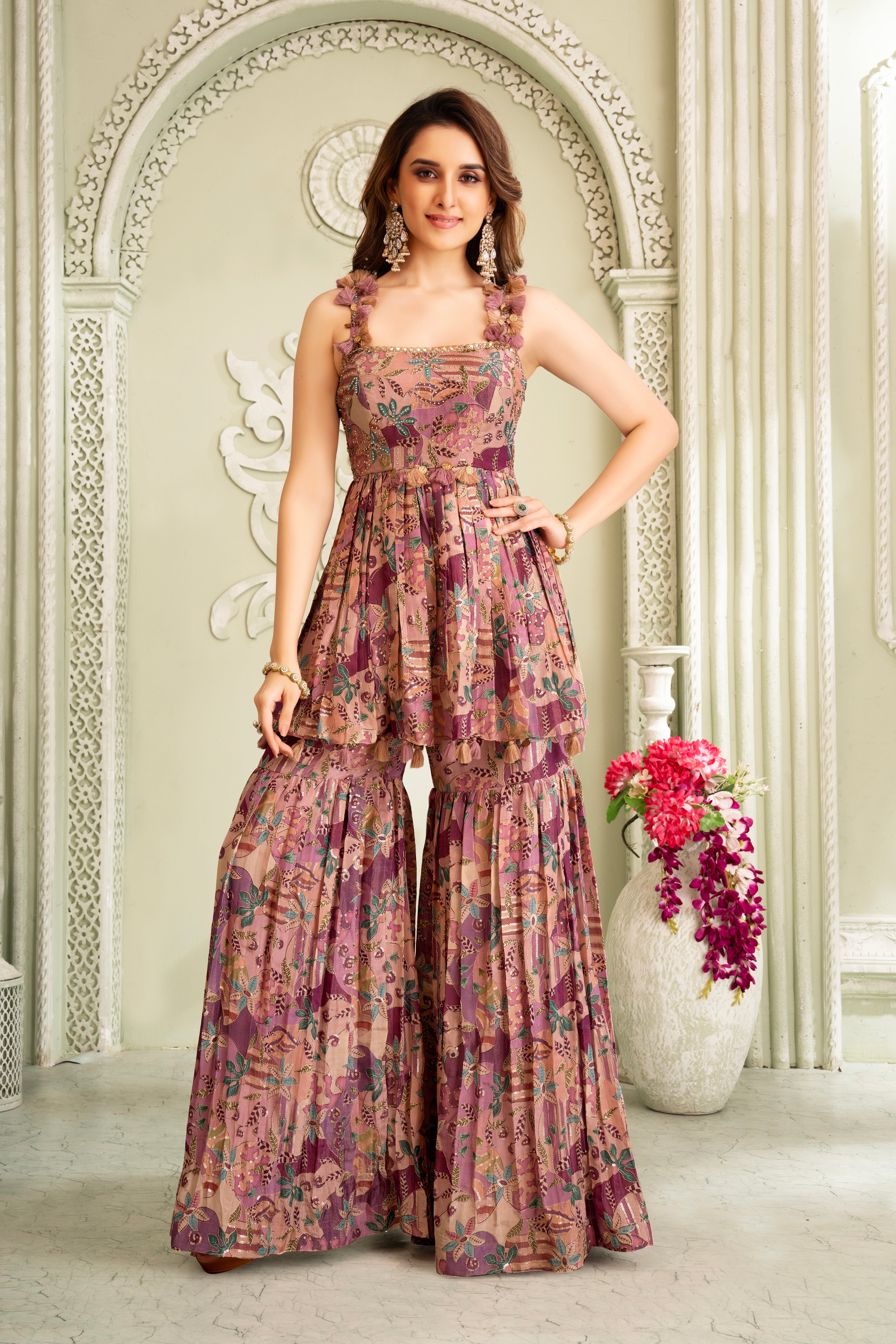 Wine Floral Handwork Sharara Set
