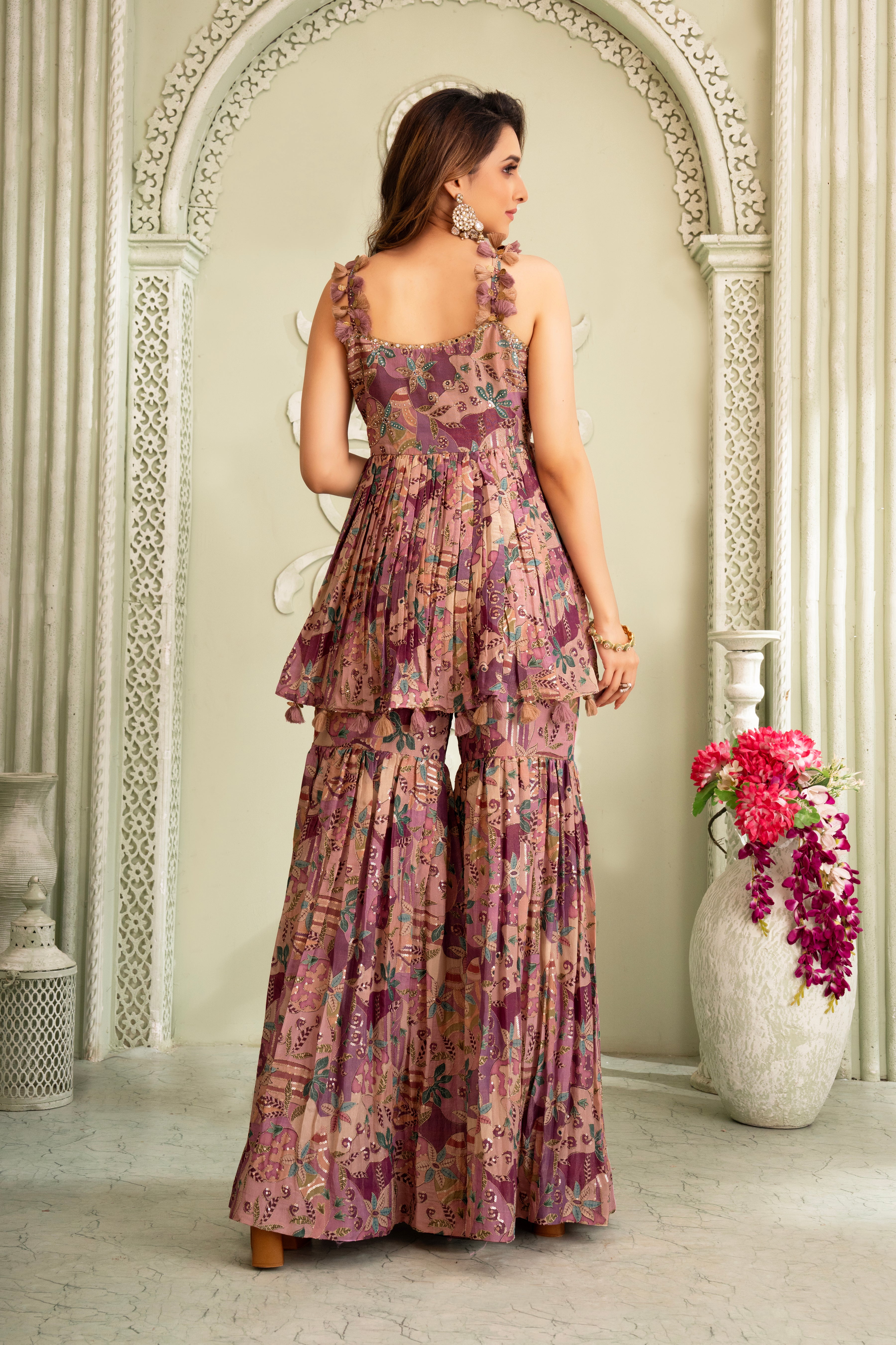 Wine Floral Handwork Sharara Set