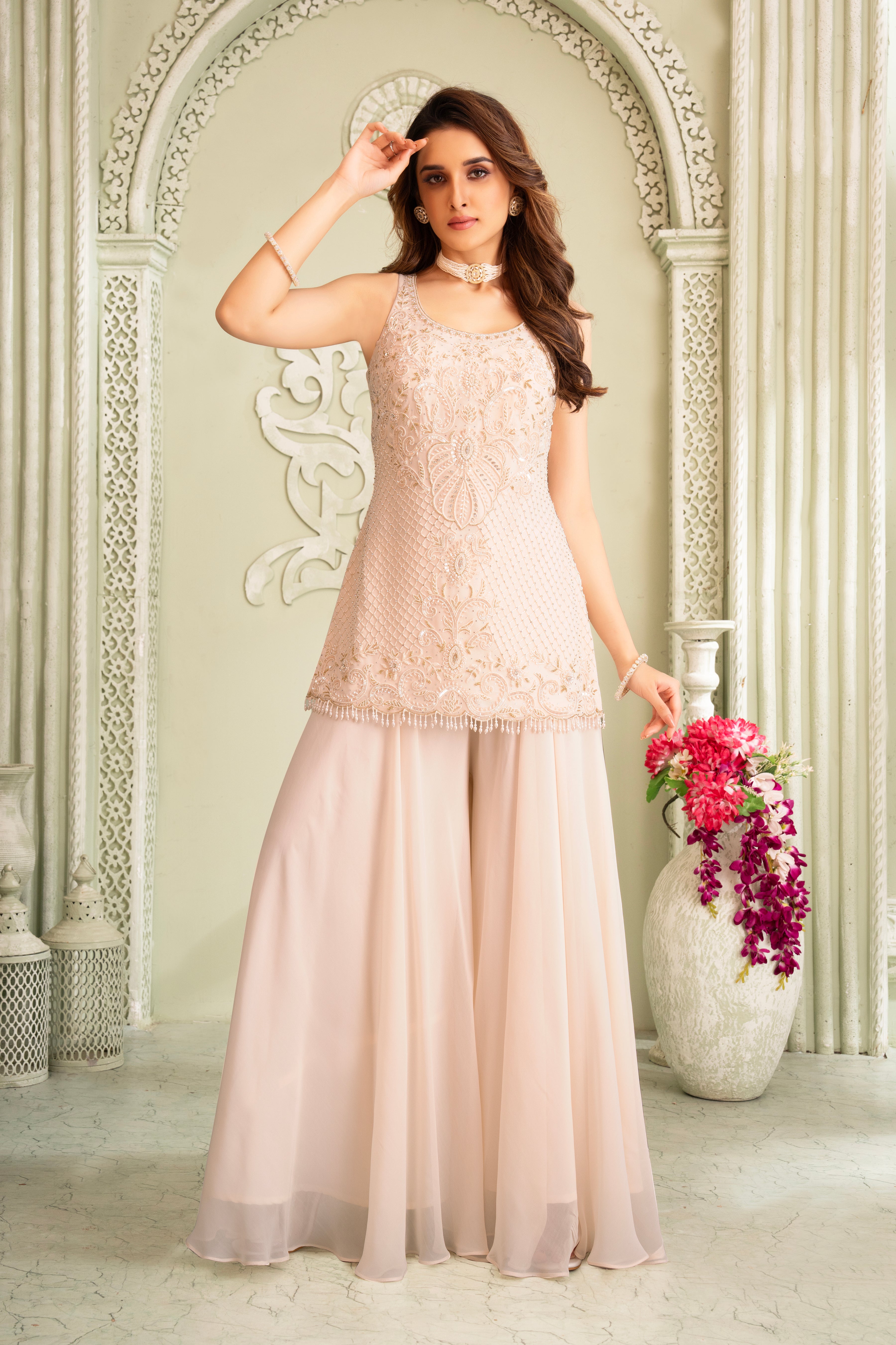 Pastel Cream Handwork Tunic Palazzo Set