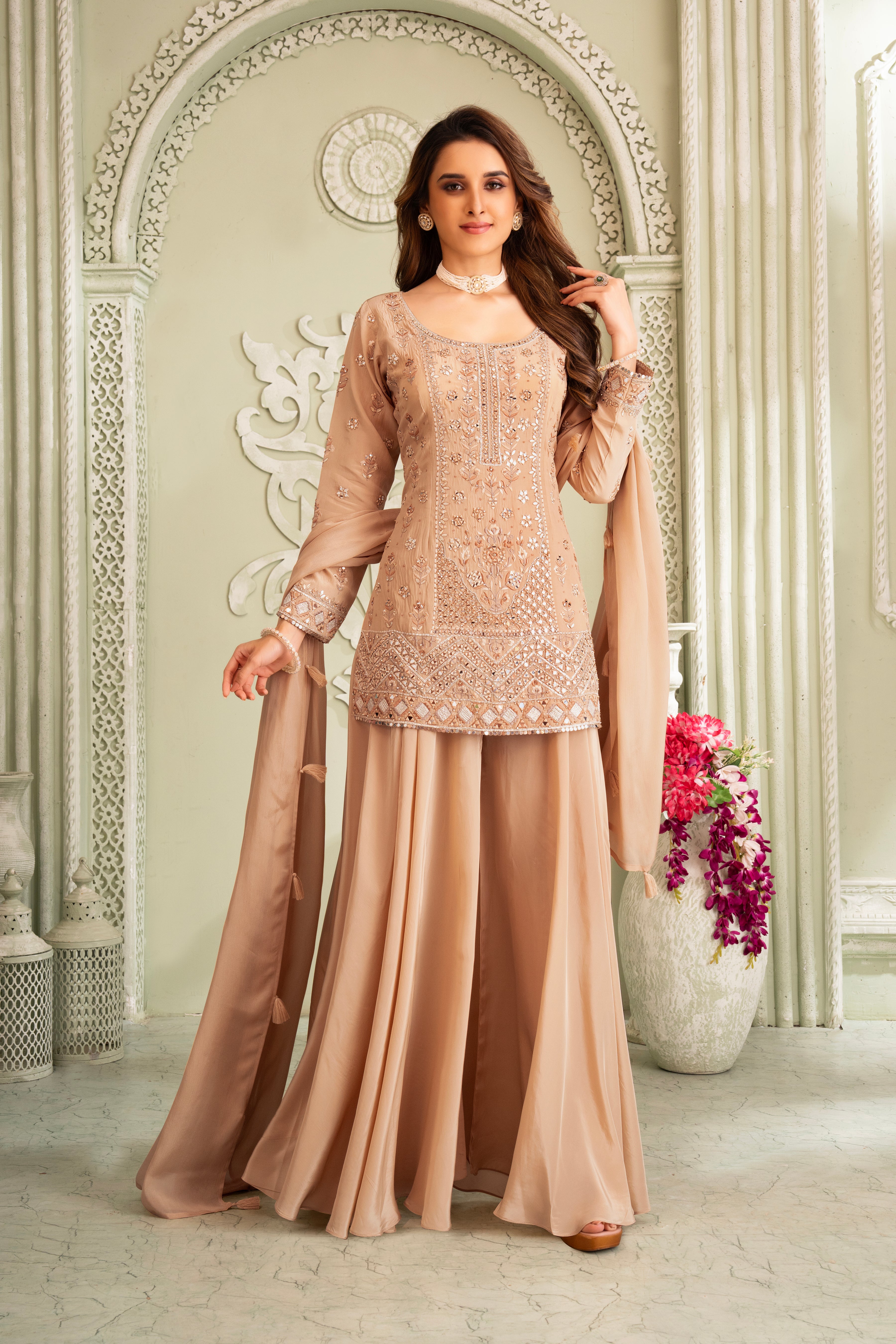 Dusty Beige Hand Embroidered Palazzo Set