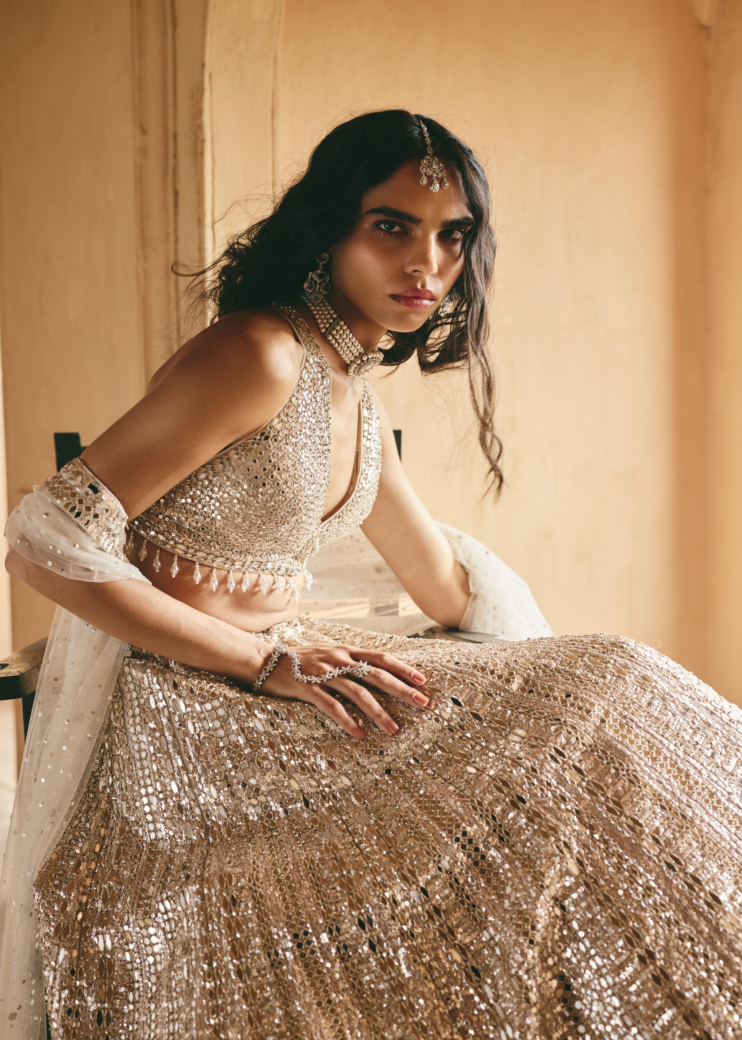 Ivory Silver Mirror-Embellished Premium Net Lehenga Set