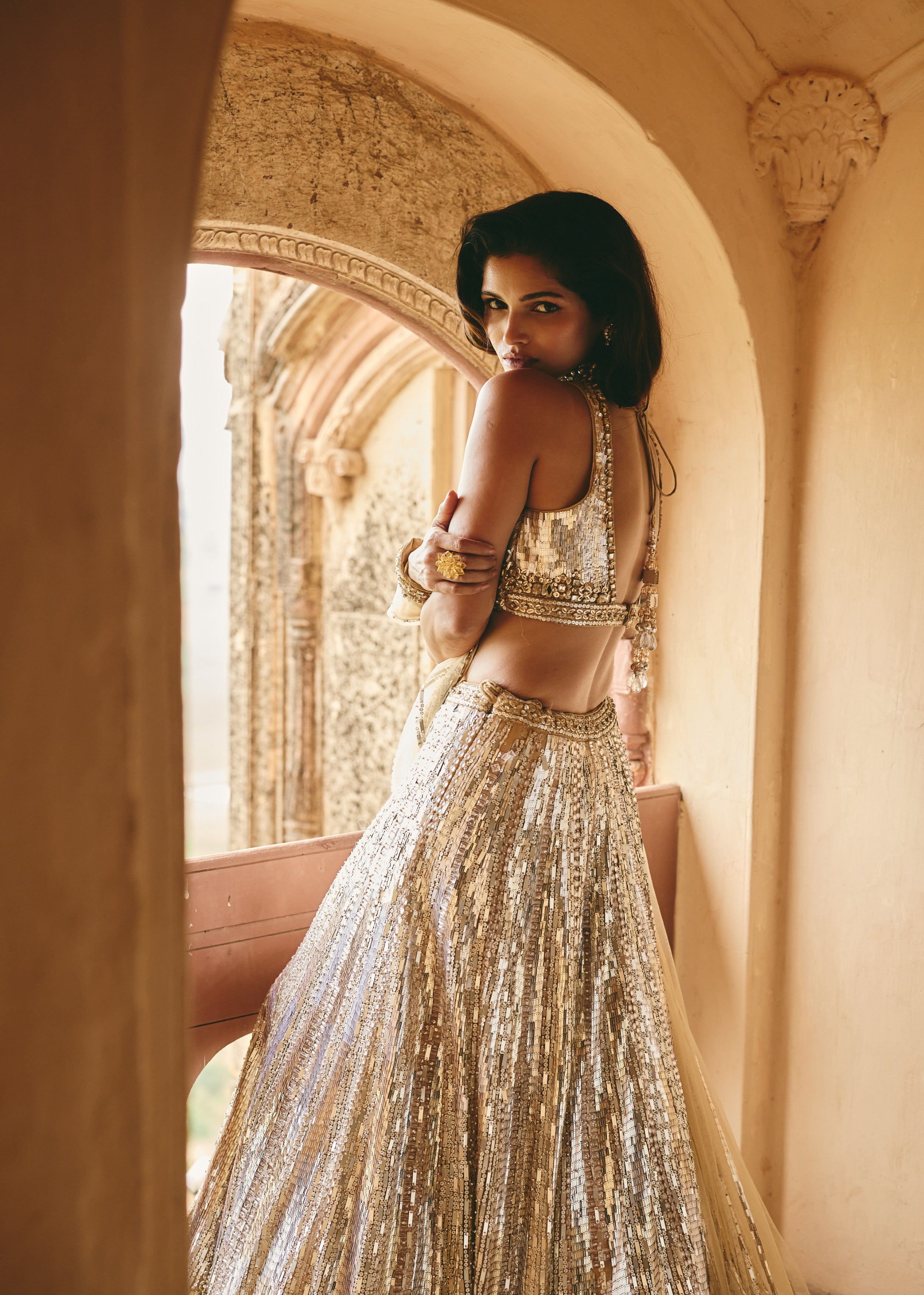 Champagne Gold Dazzling Premium Net Lehenga Set