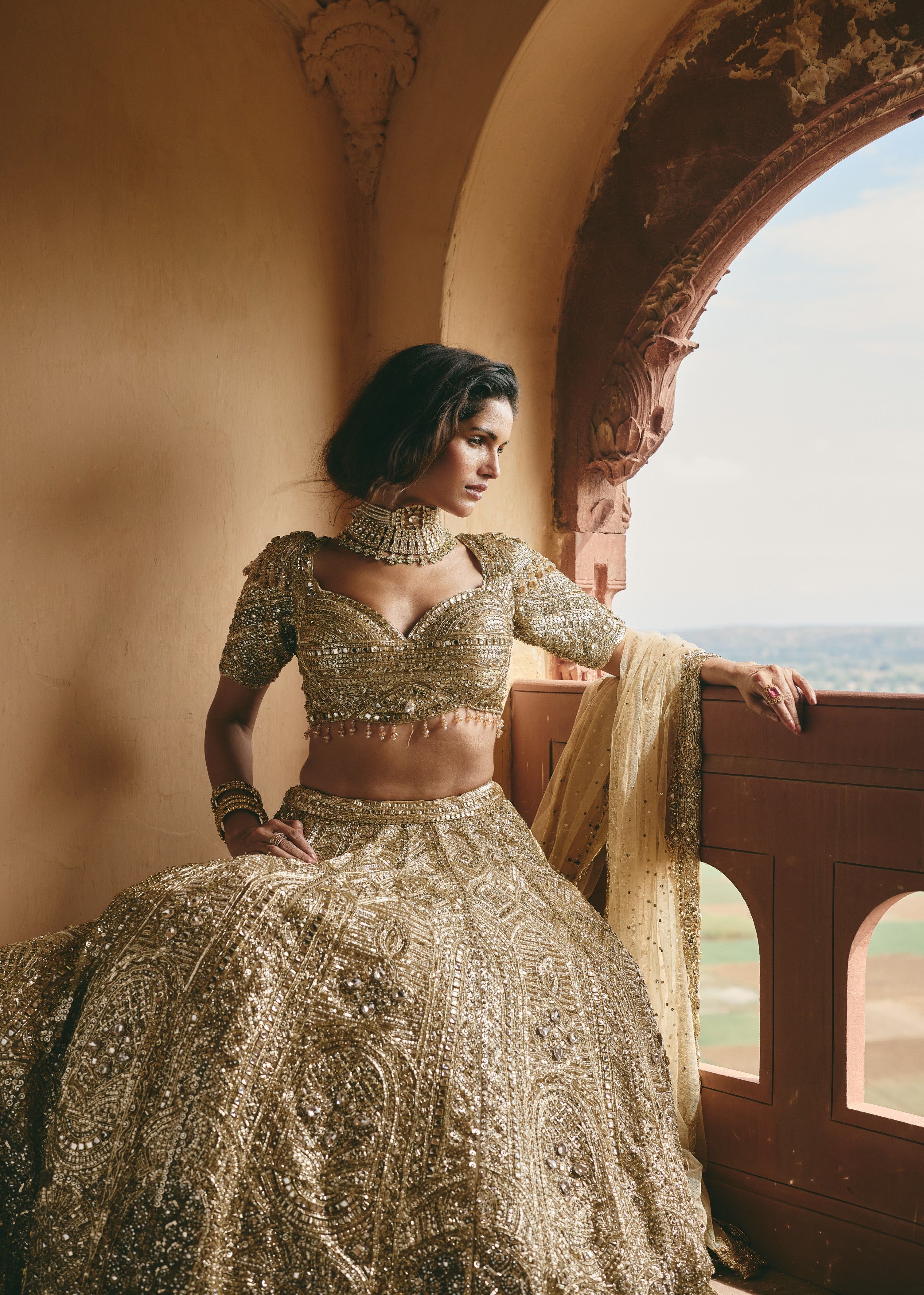 Antique Gold Embellished Premium Net Lehenga Set