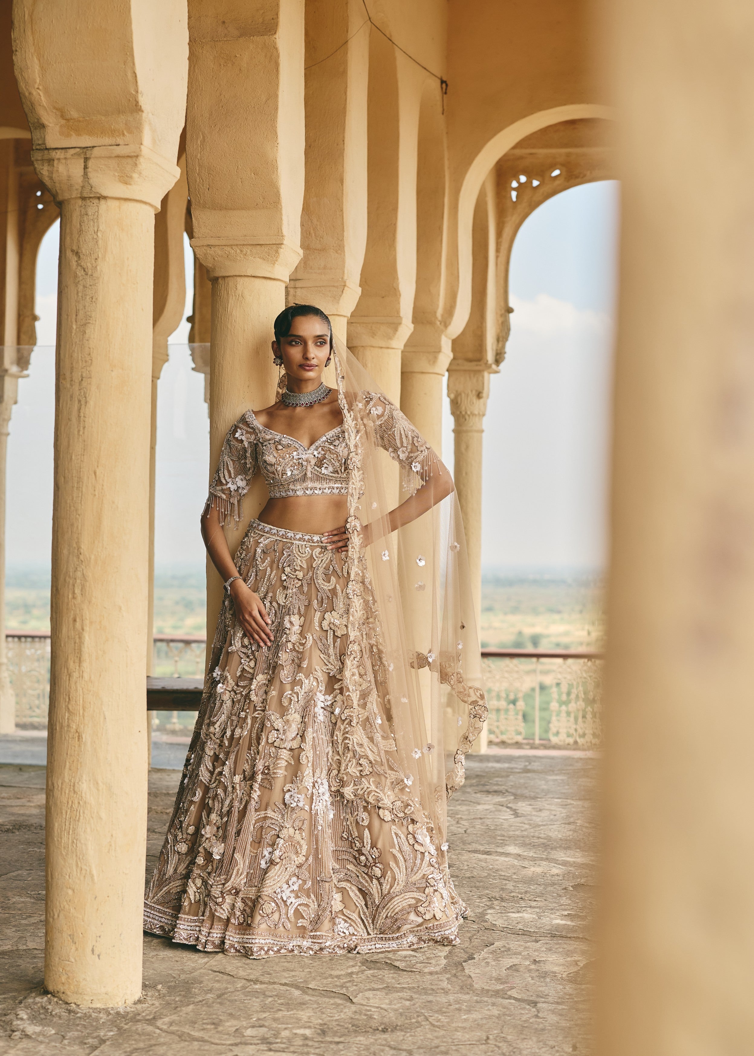 Beige-Gold Camellia 3D Floral Embroidered Lehenga Set