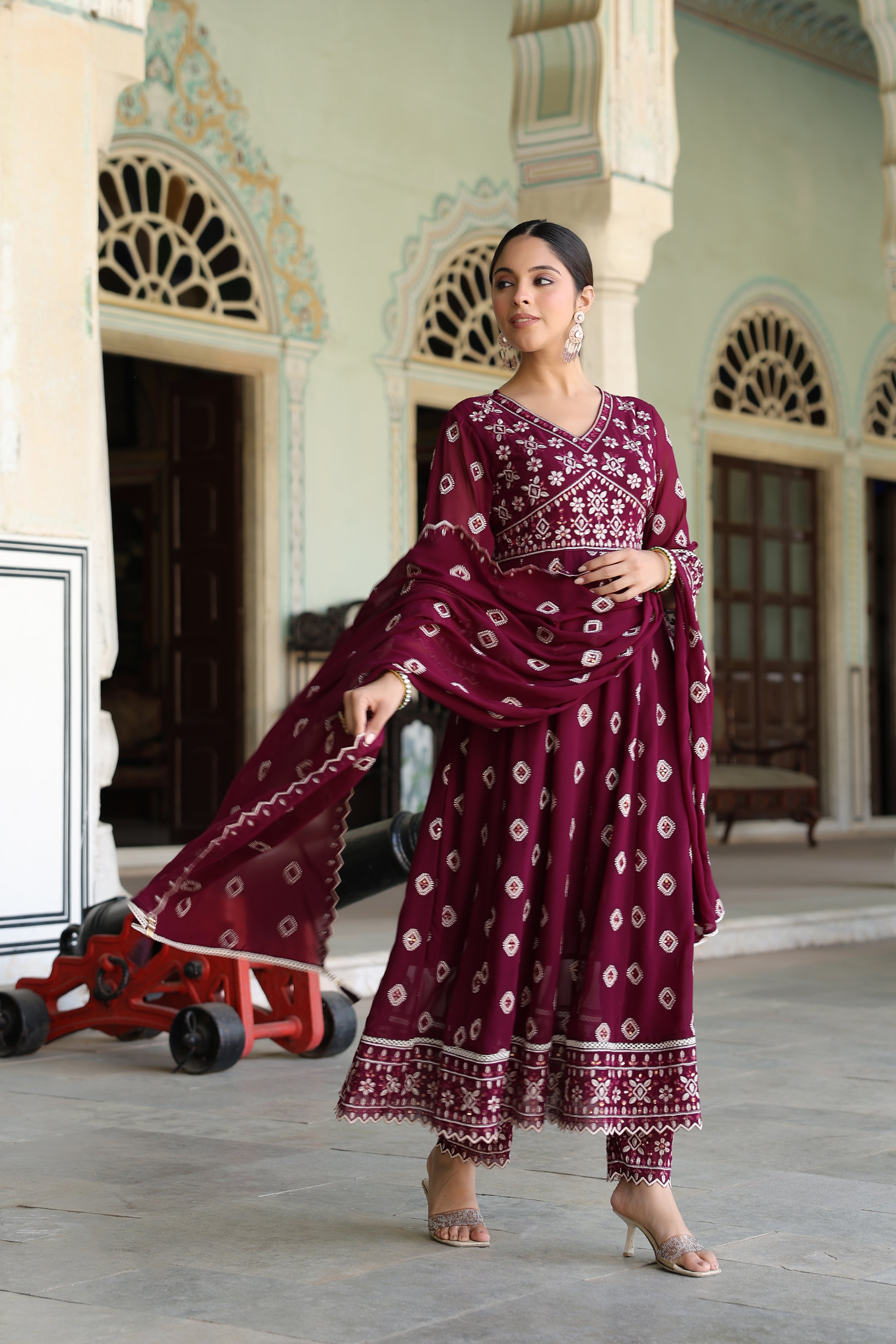 Wine Embroidered Premium Georgette Silk Anarkali Set