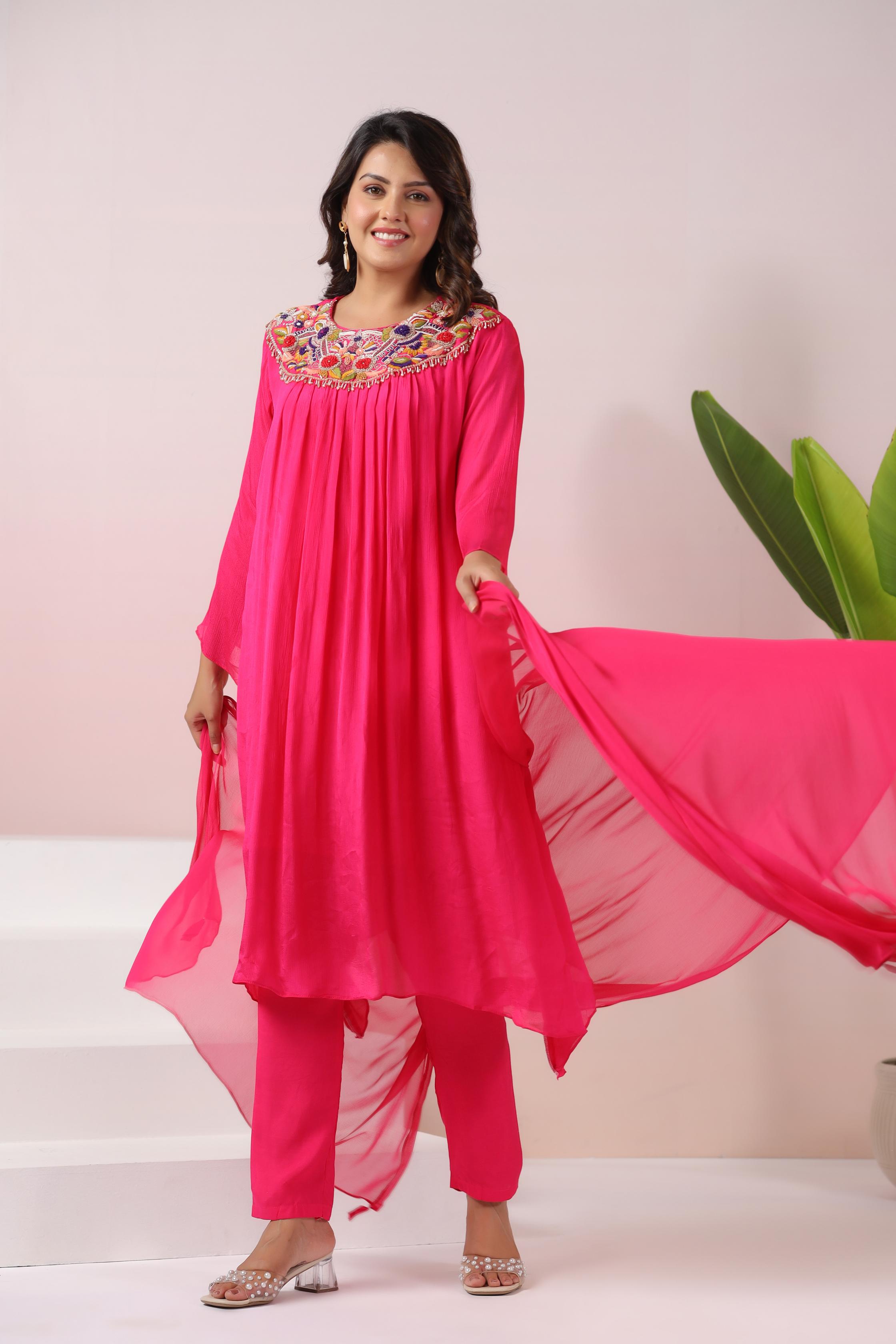 Hot Pink Embroidered Pure Chinon Silk Pants Set