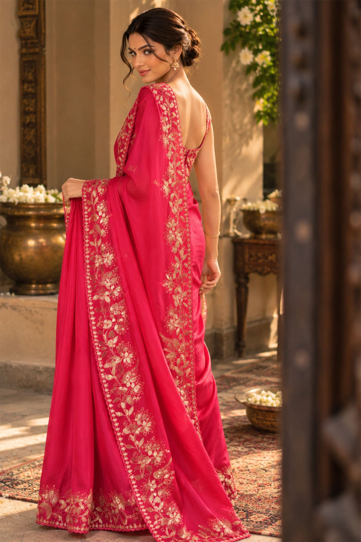 Fuchsia Pink Embroidered Crepe Organza Silk Saree