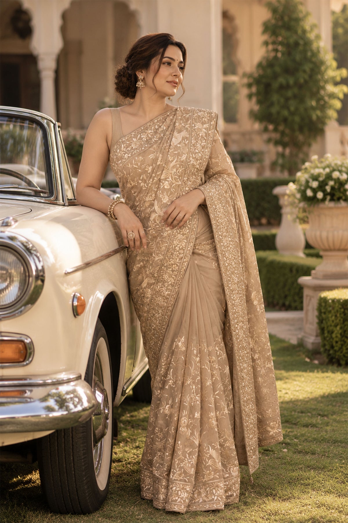 Metallic Beige Embroidered Tissue Silk Saree