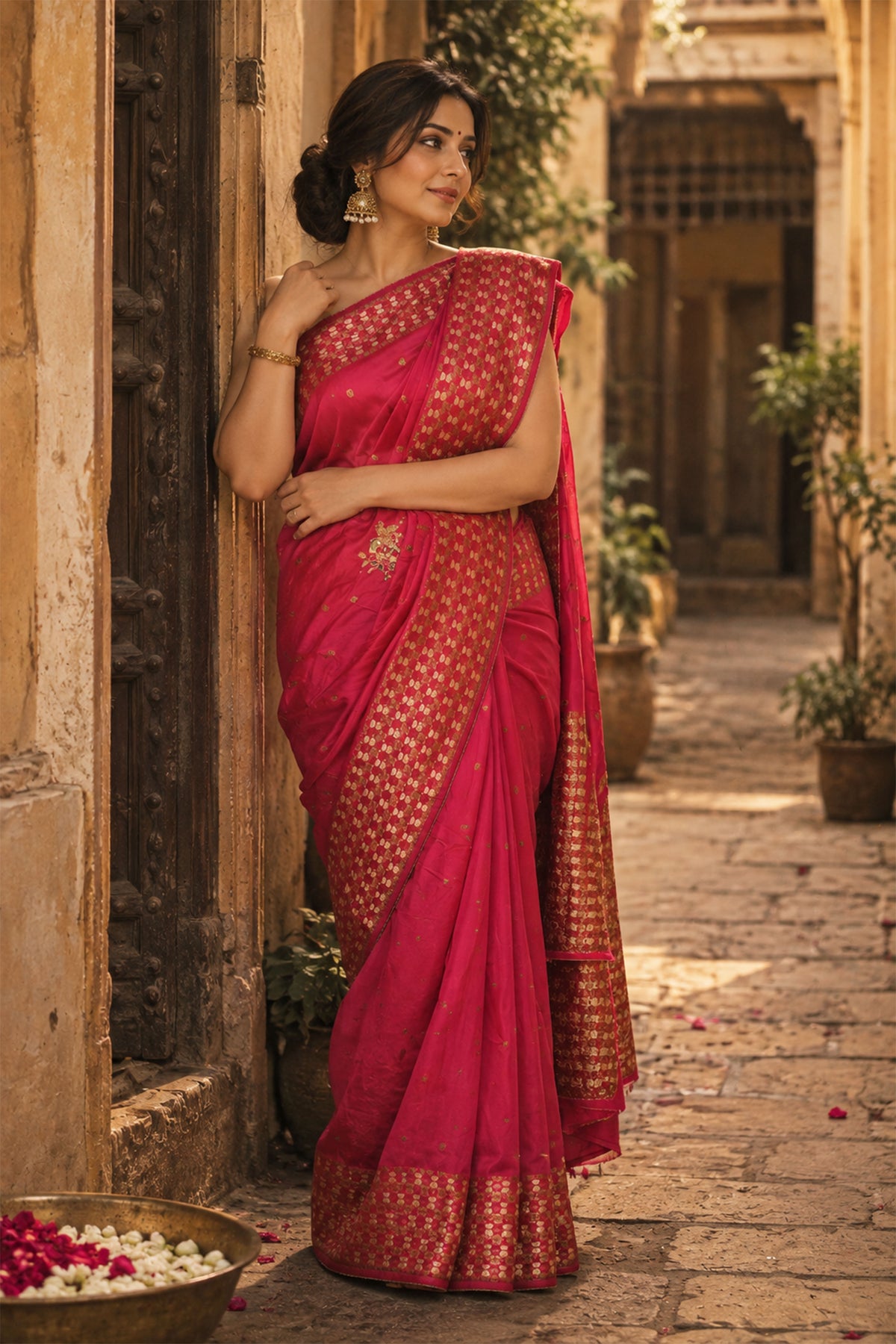 Fuchsia Pink Geometric Border Crepe Silk Saree