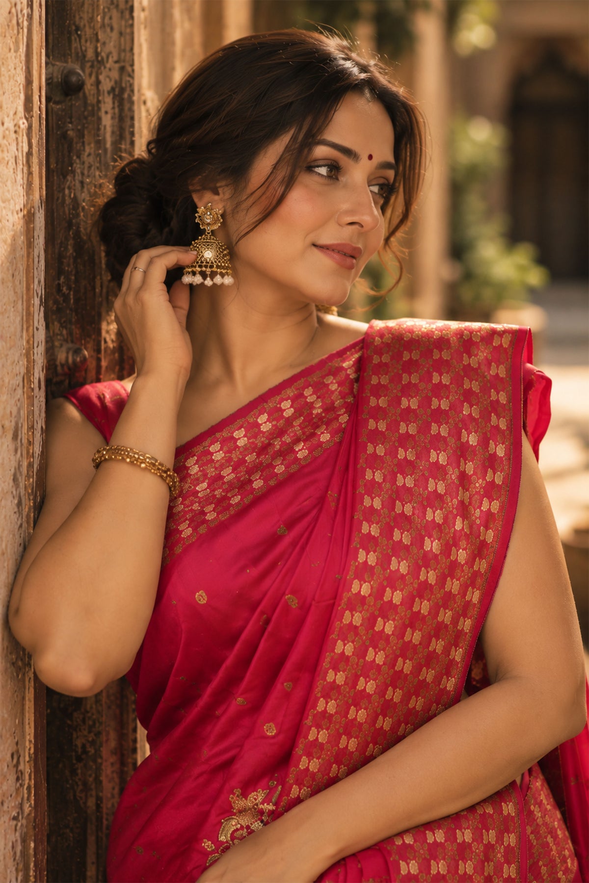 Fuchsia Pink Geometric Border Crepe Silk Saree