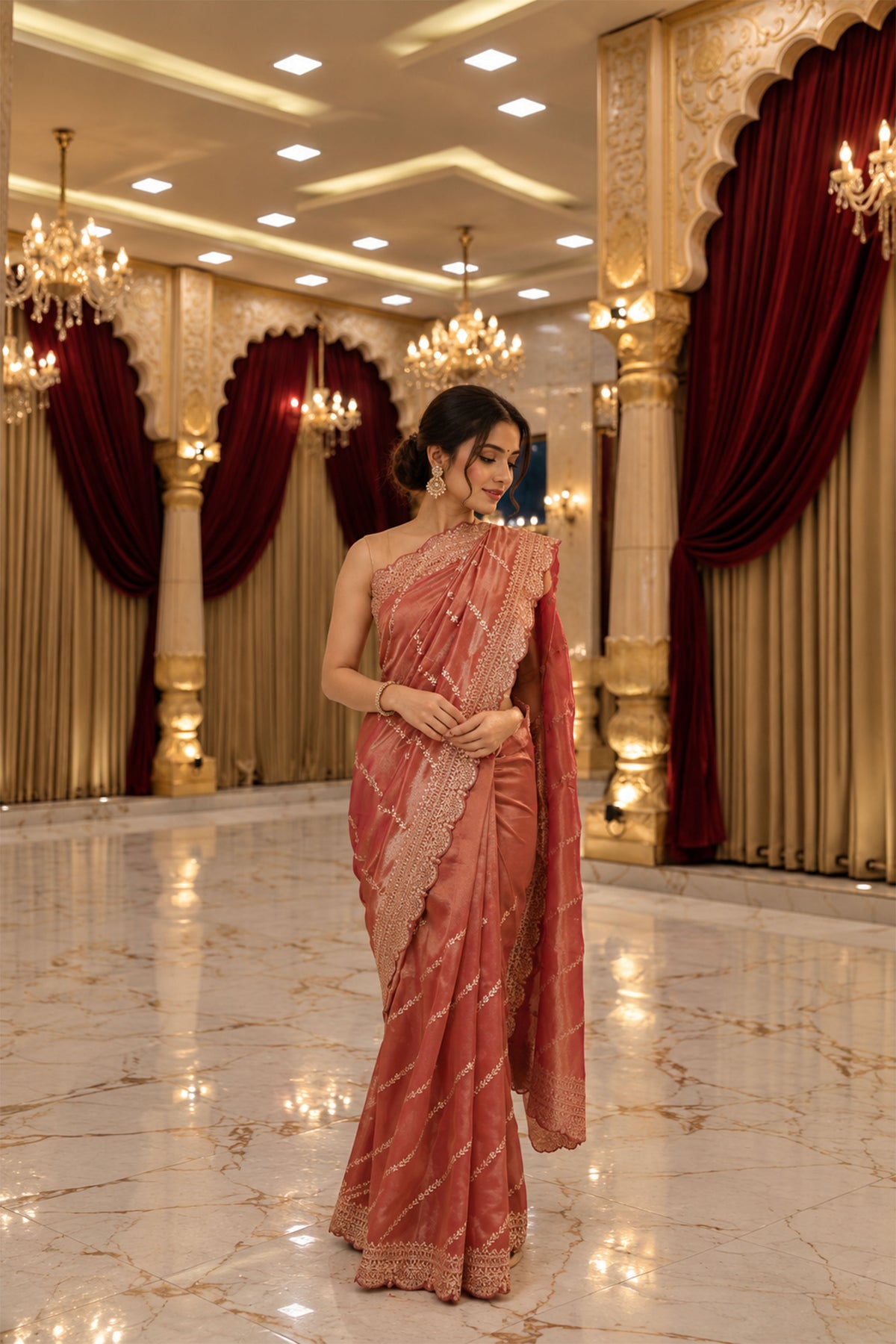 Rose Gold Embroidered Tissue Silk Saree