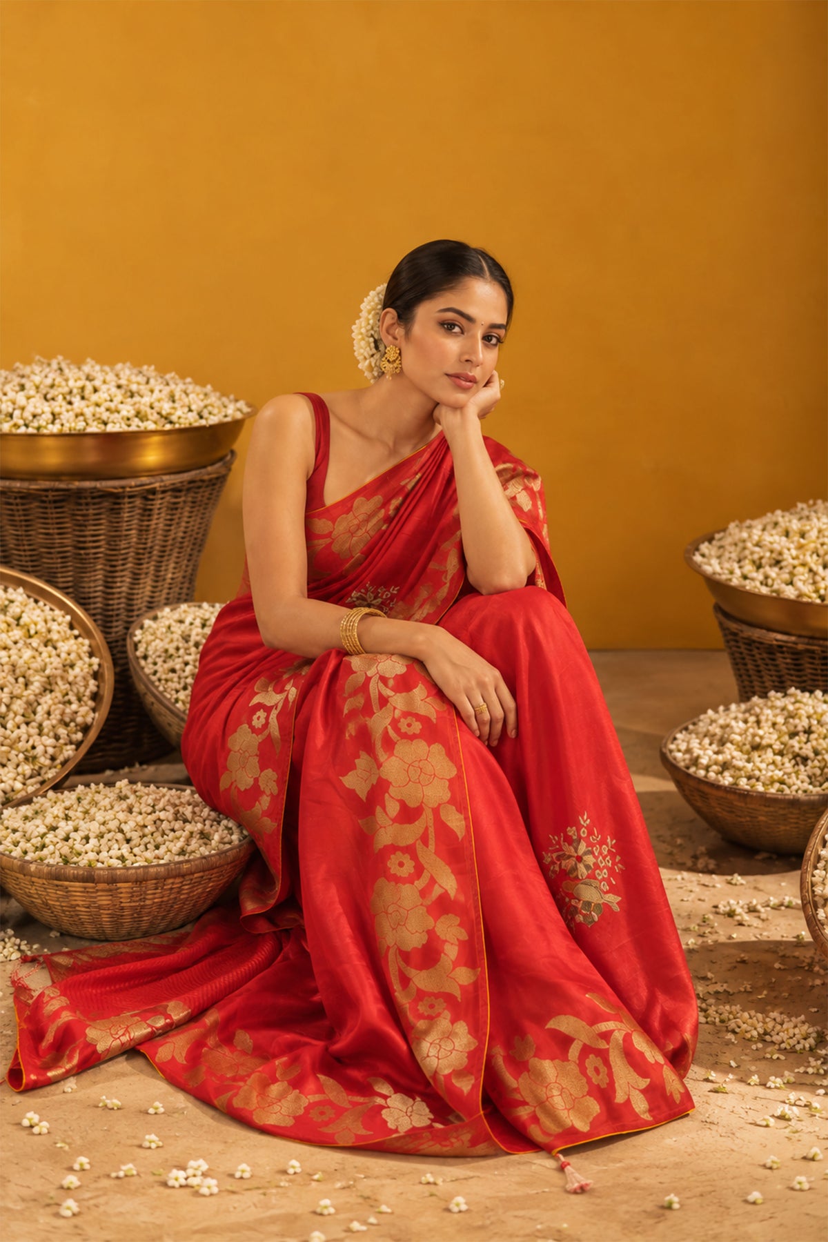 Classic Red Embroidered Tussar Crepe Silk Saree