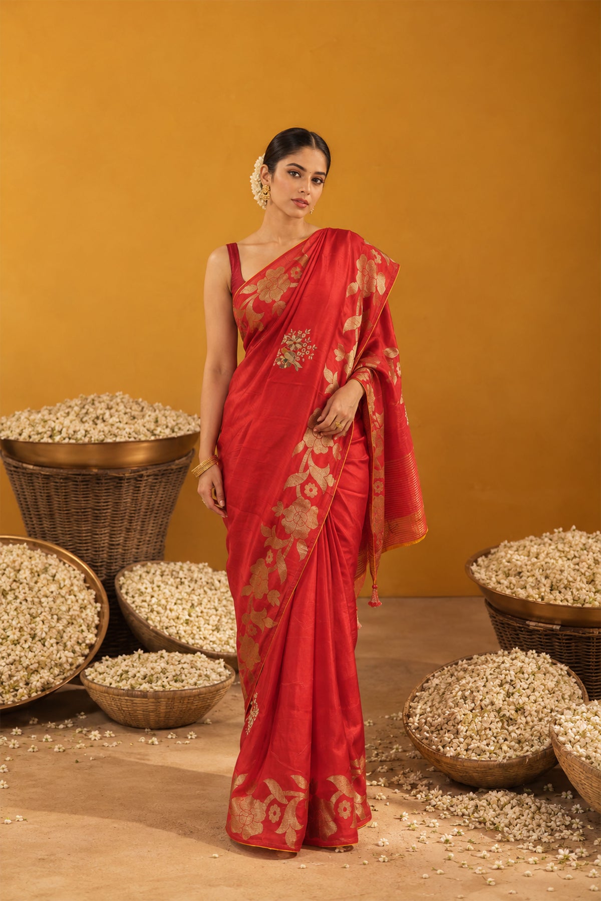 Classic Red Embroidered Tussar Crepe Silk Saree