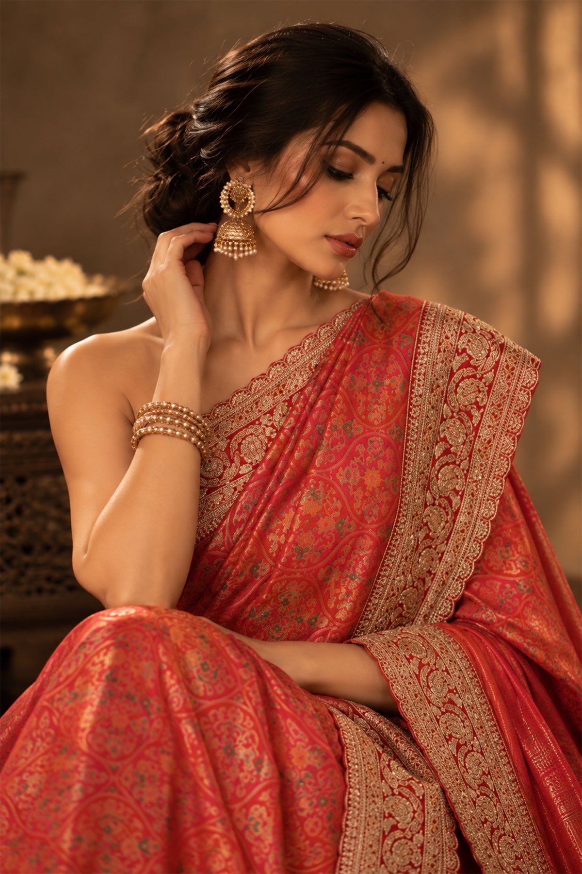 Crimson Red Embroidered Brocade Silk Saree