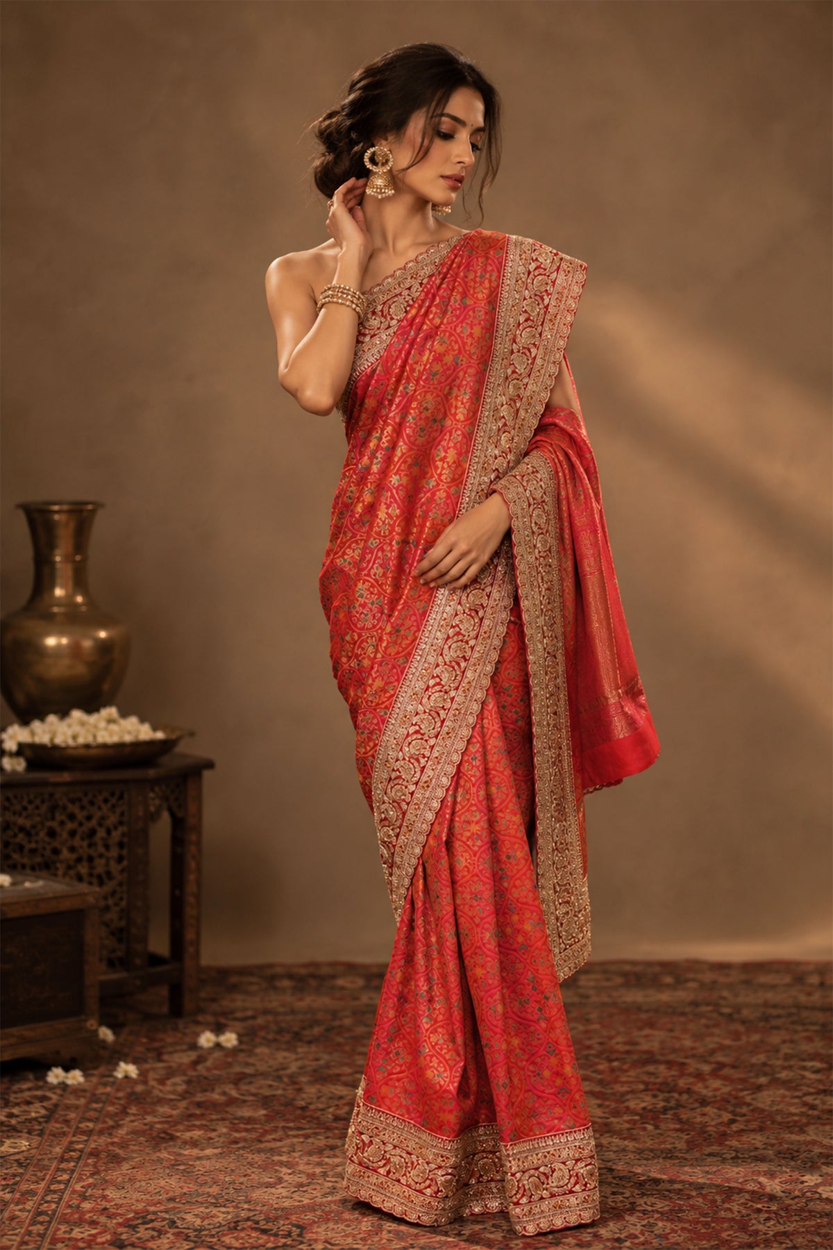 Crimson Red Embroidered Brocade Silk Saree