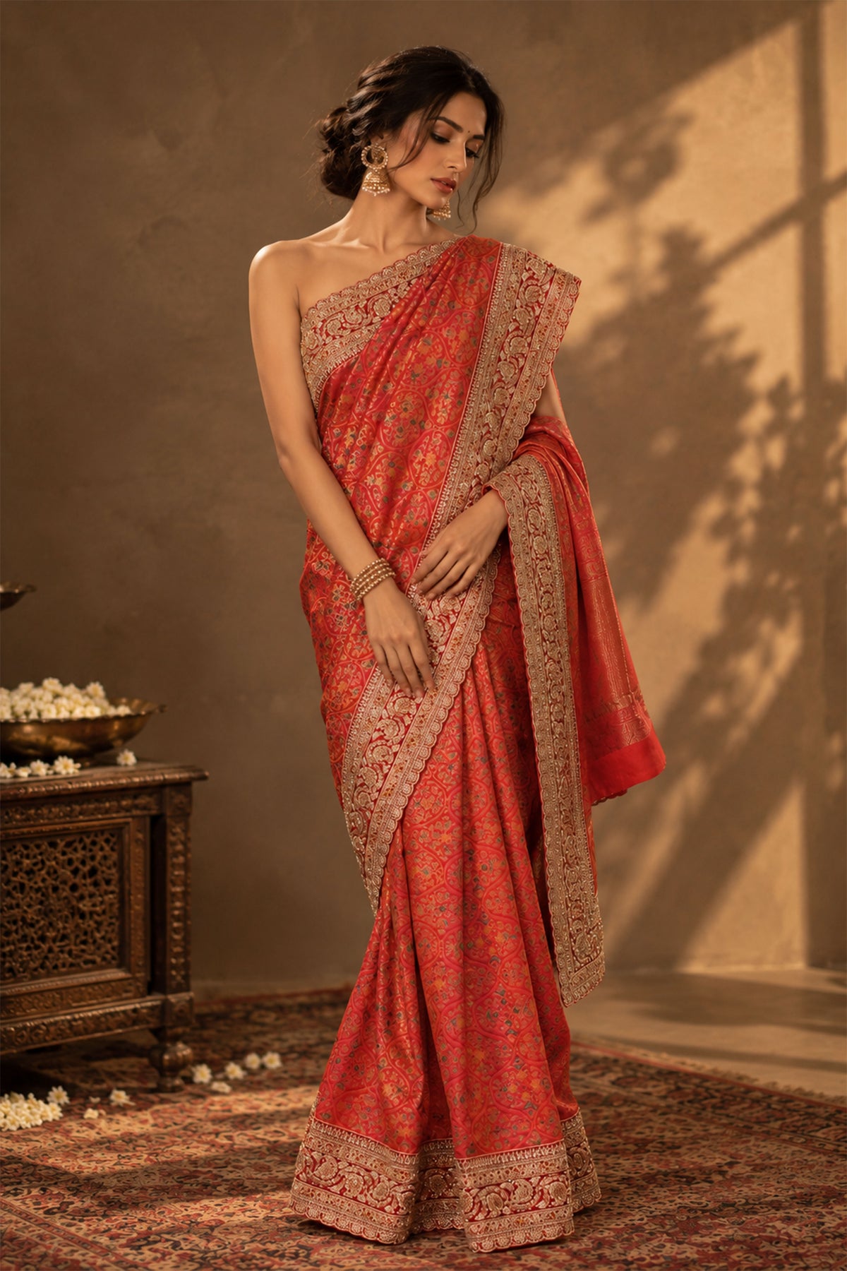 Crimson Red Embroidered Brocade Silk Saree