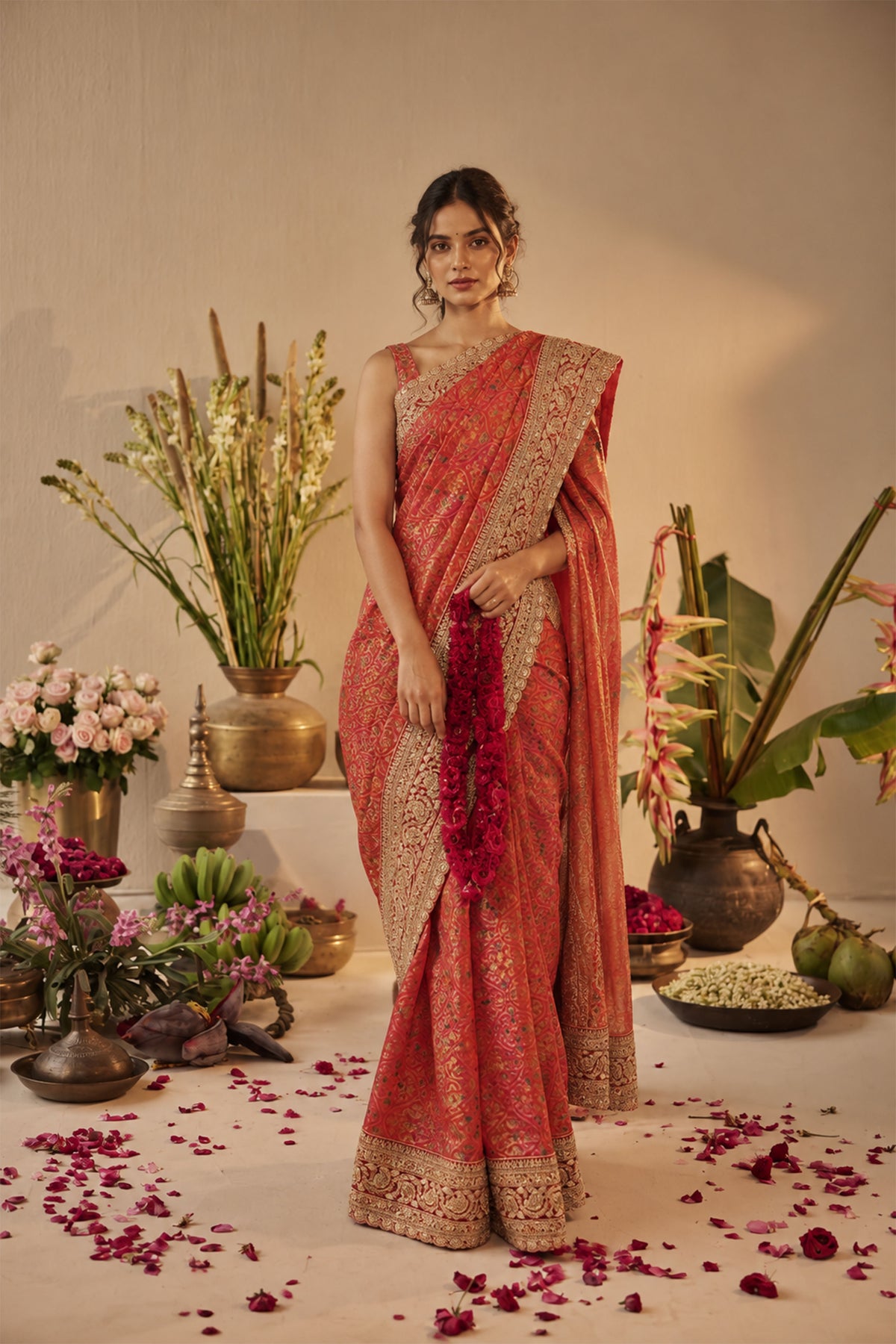 Crimson Red Embroidered Brocade Silk Saree