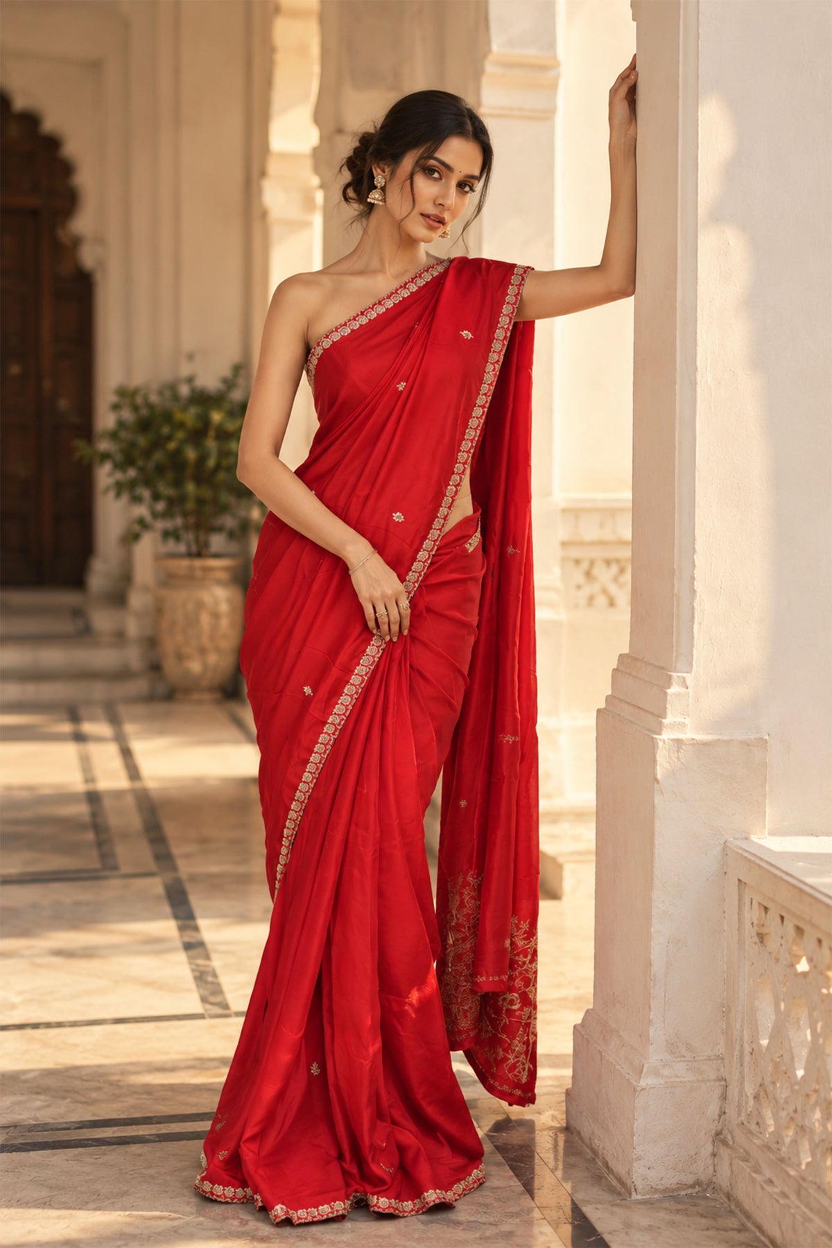 Bright Red Embroidered Crepe Silk Saree
