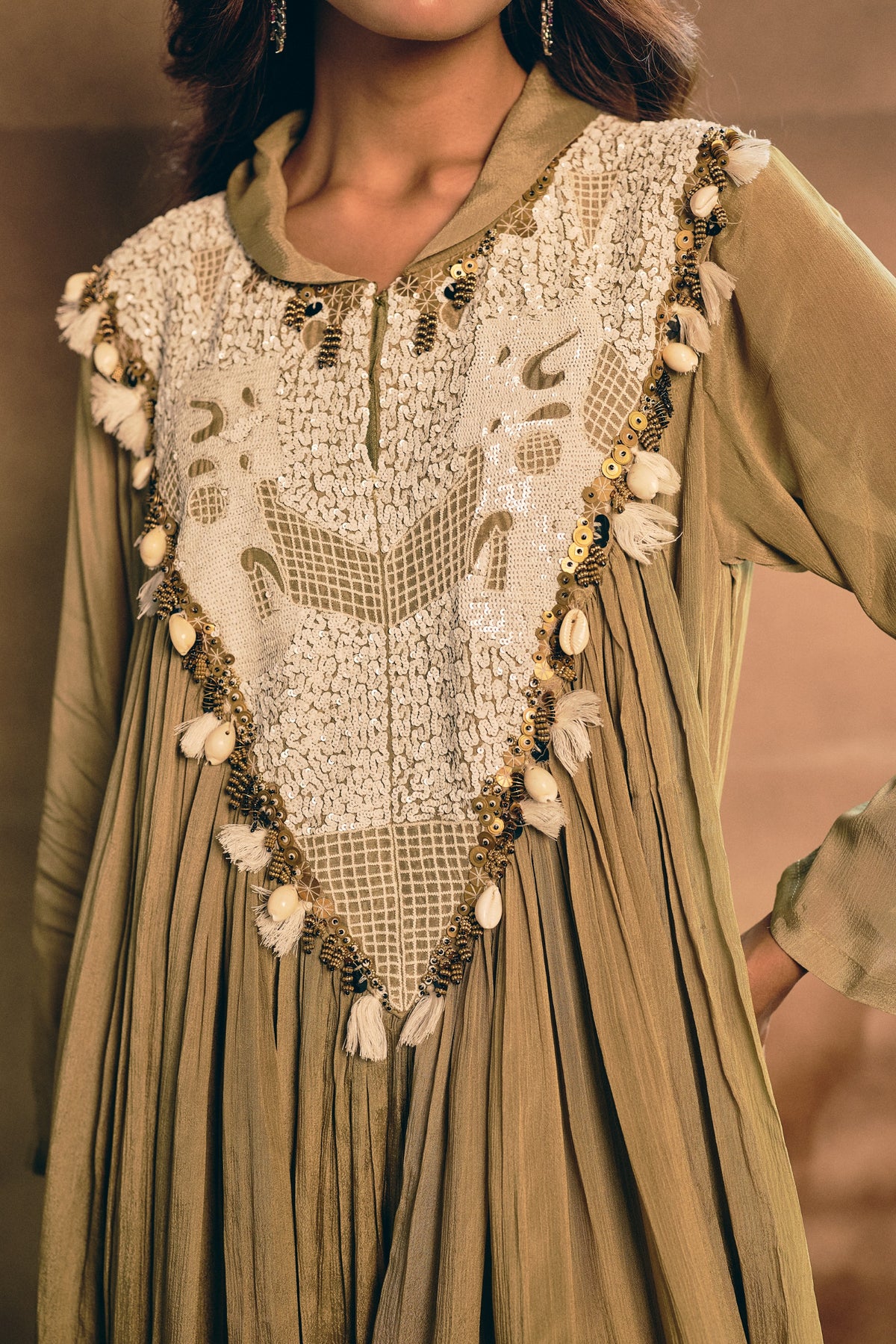 Earthy Olive Green Embellished Georgette Silk Skirt Set