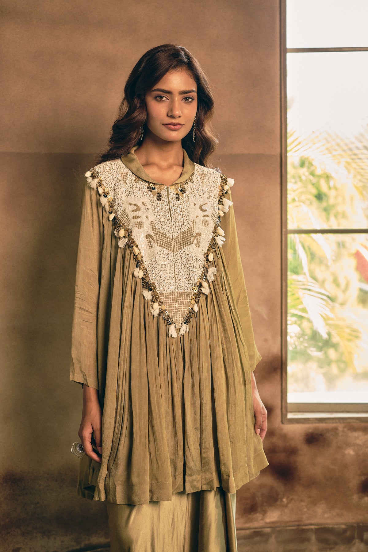 Earthy Olive Green Embellished Georgette Silk Skirt Set