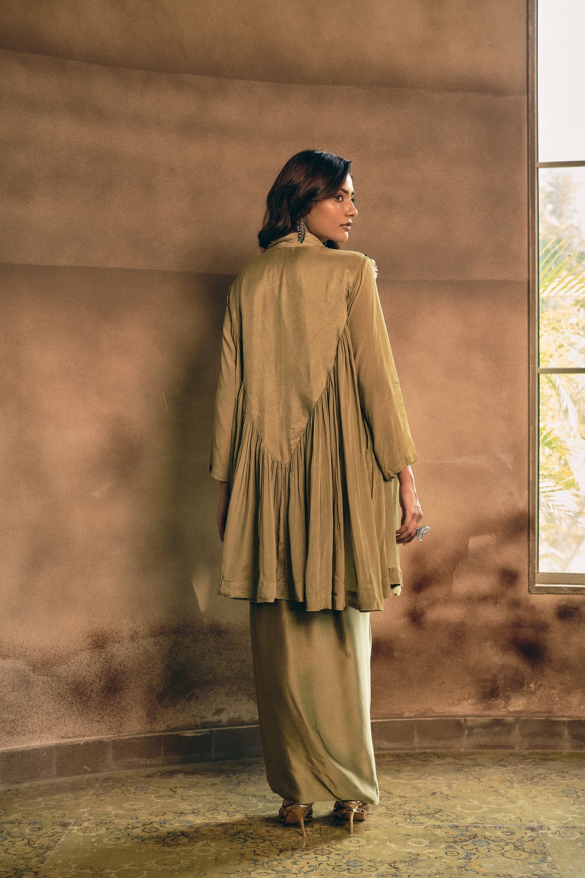 Earthy Olive Green Embellished Georgette Silk Skirt Set