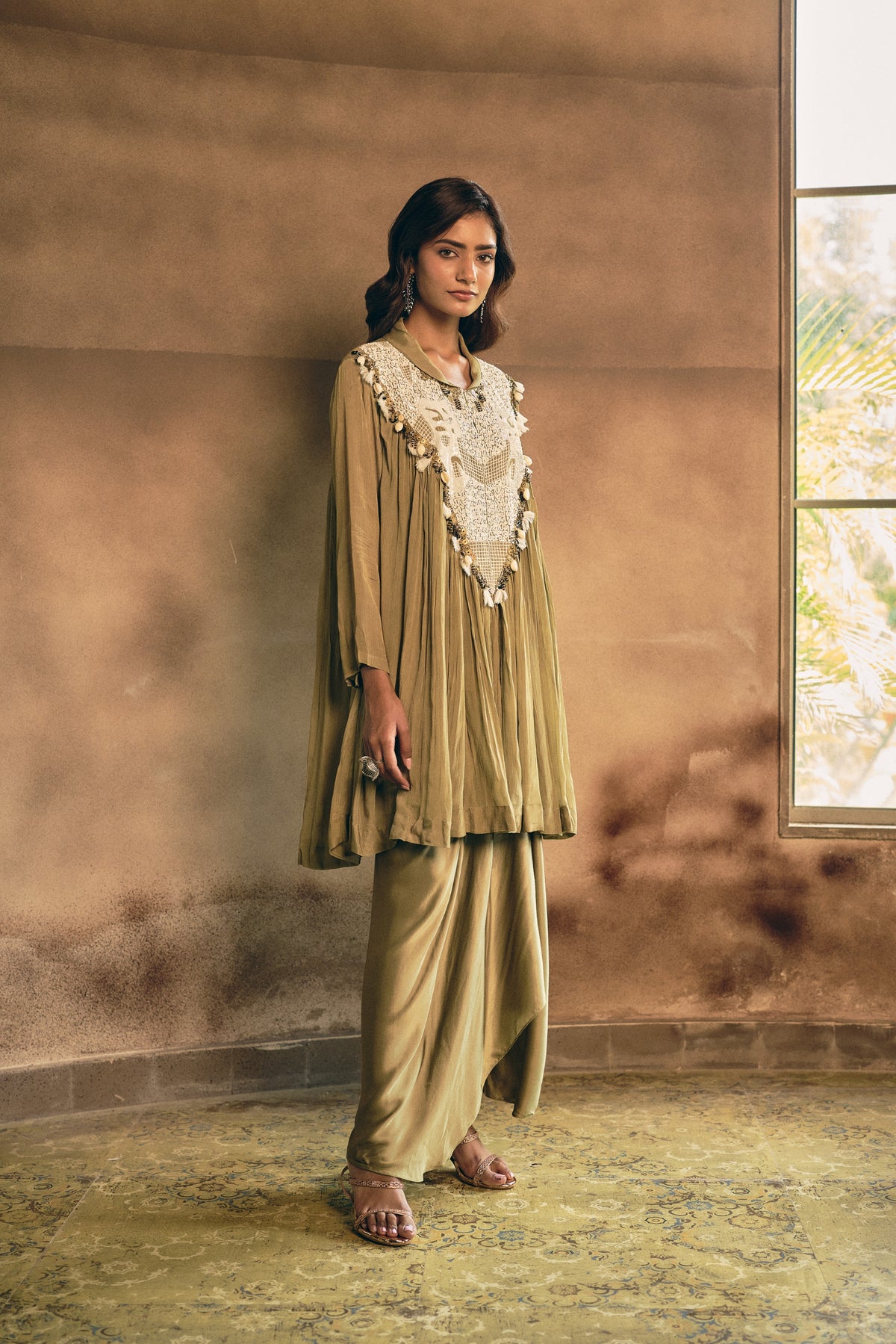 Earthy Olive Green Embellished Georgette Silk Skirt Set