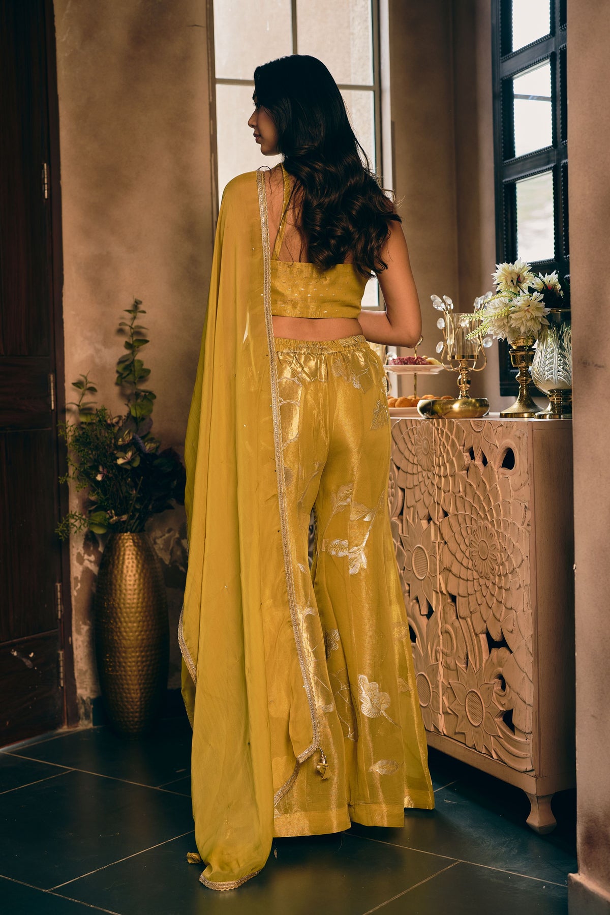 Mustard Ochre Embellished Shimmer Silk Palazzo Set