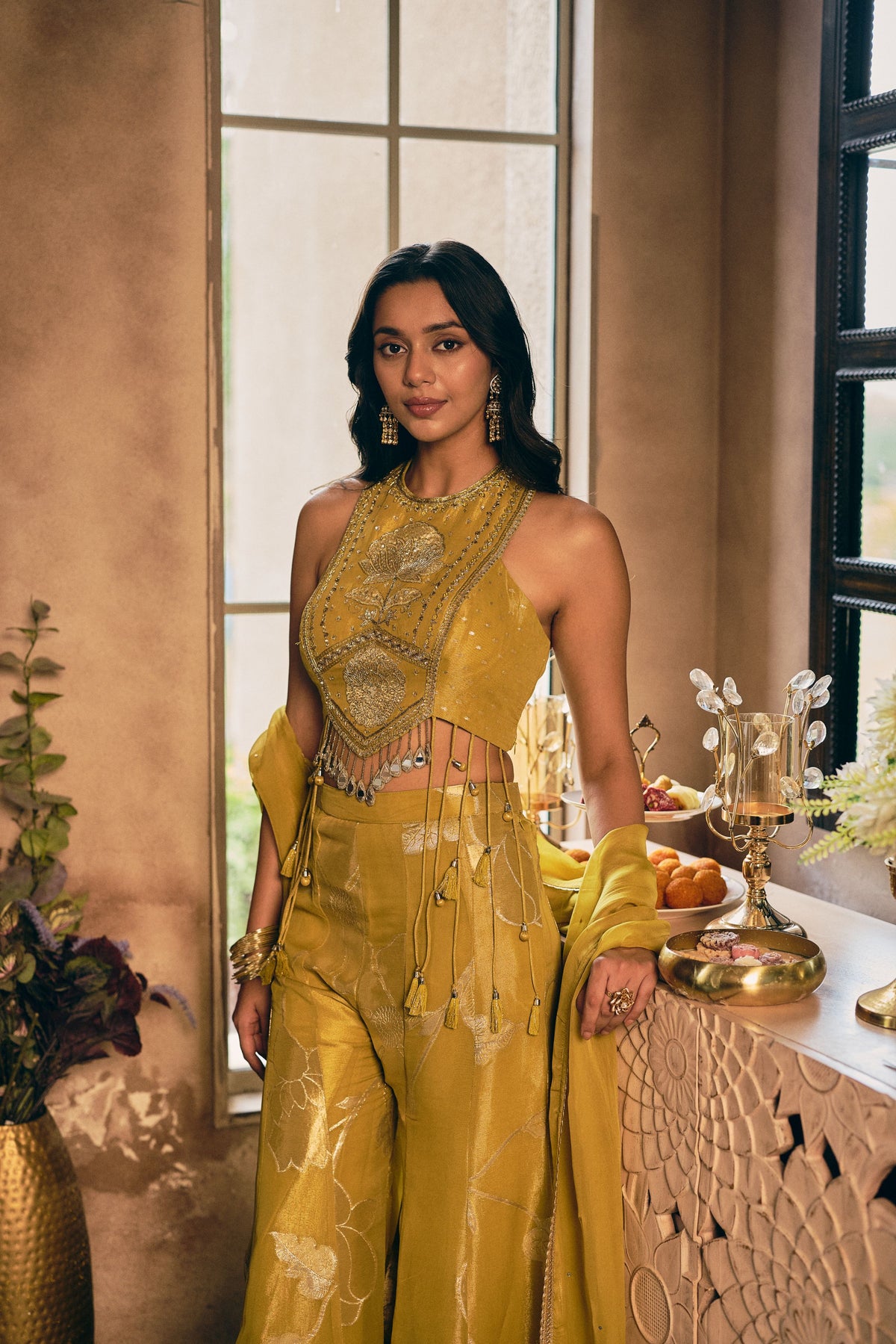 Mustard Ochre Embellished Shimmer Silk Palazzo Set