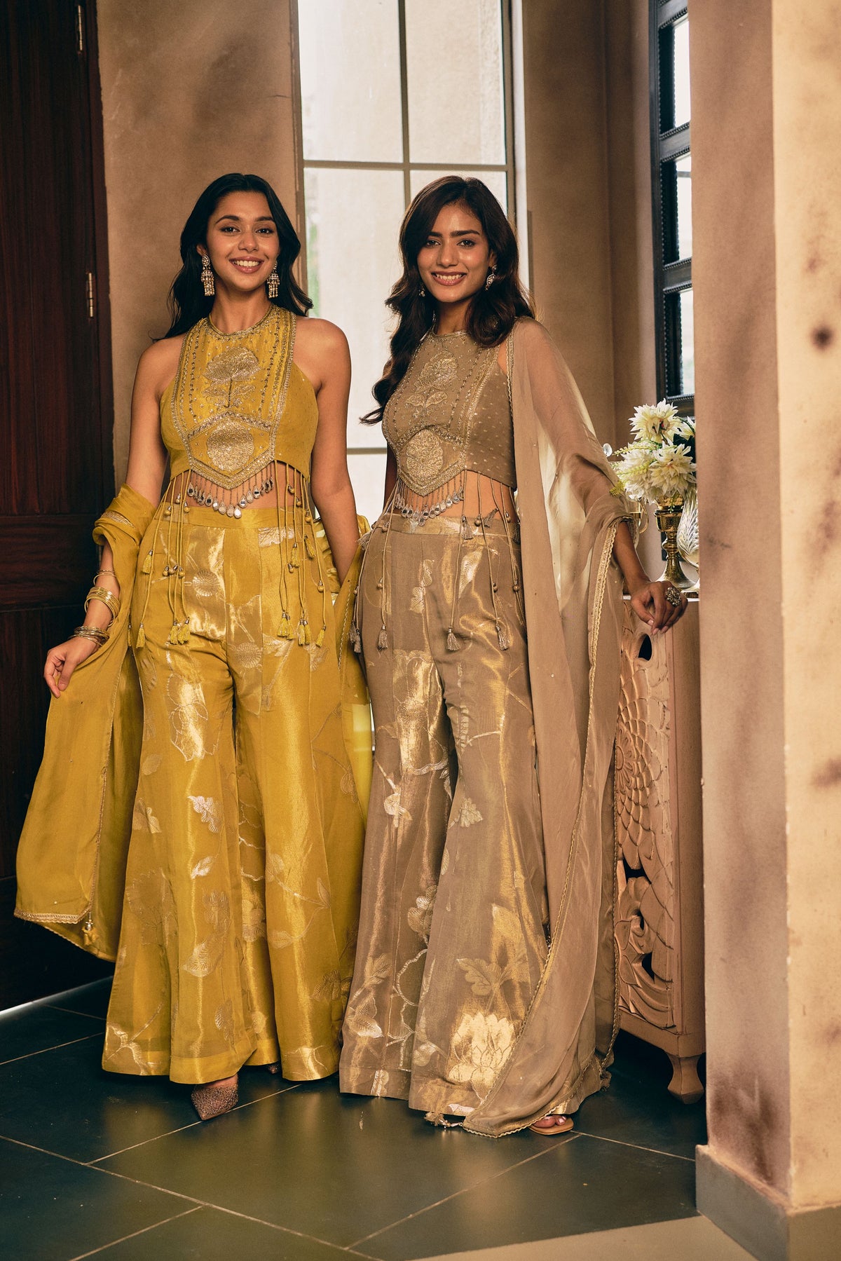 Mustard Ochre Embellished Shimmer Silk Palazzo Set
