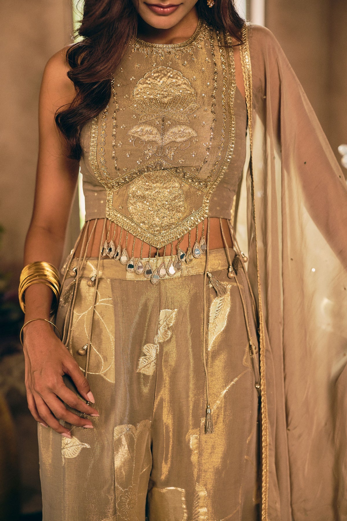 Beige Taupe Embellished Shimmer Silk Palazzo Set