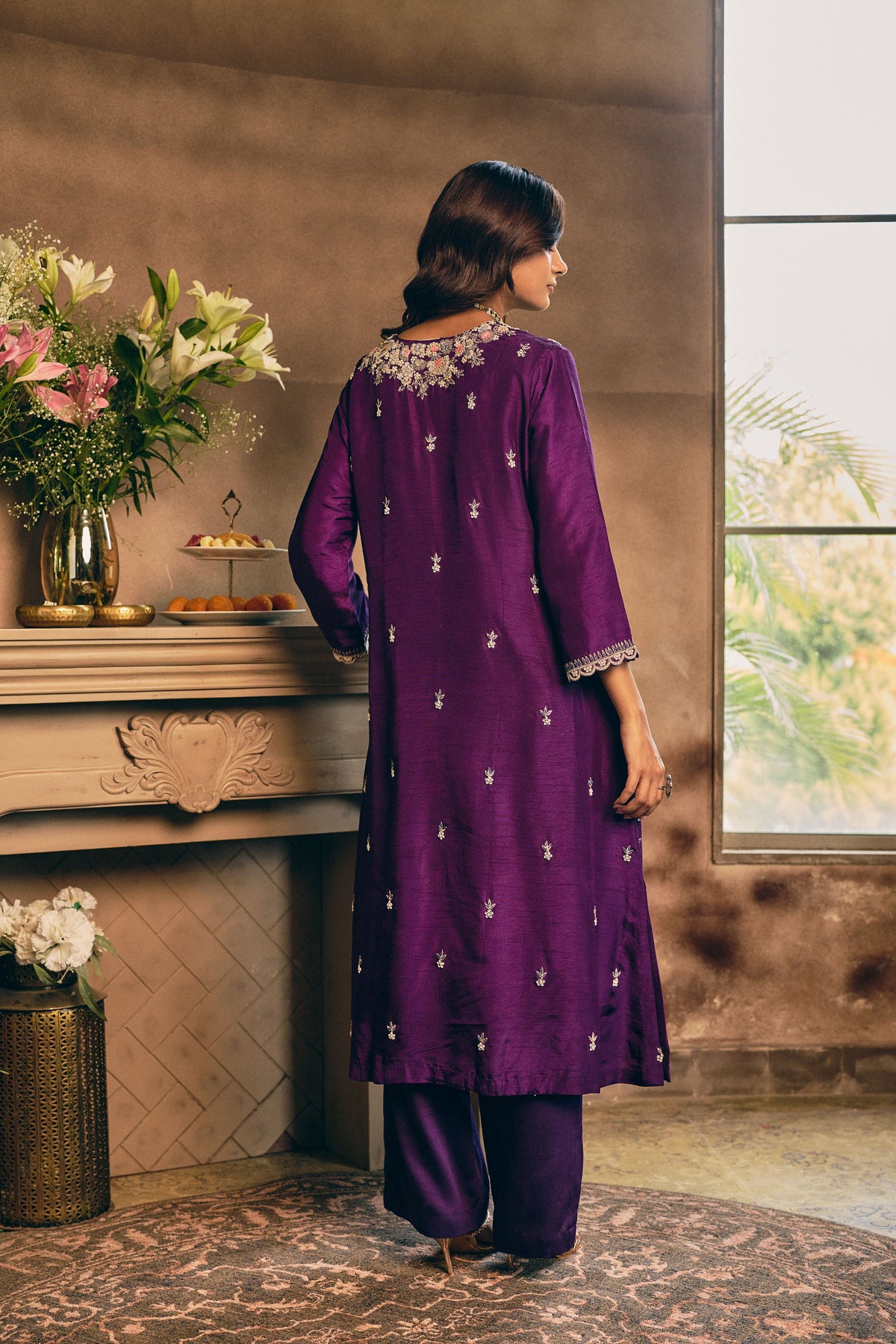 Grape Royale Embellished Raw Silk Pant Set