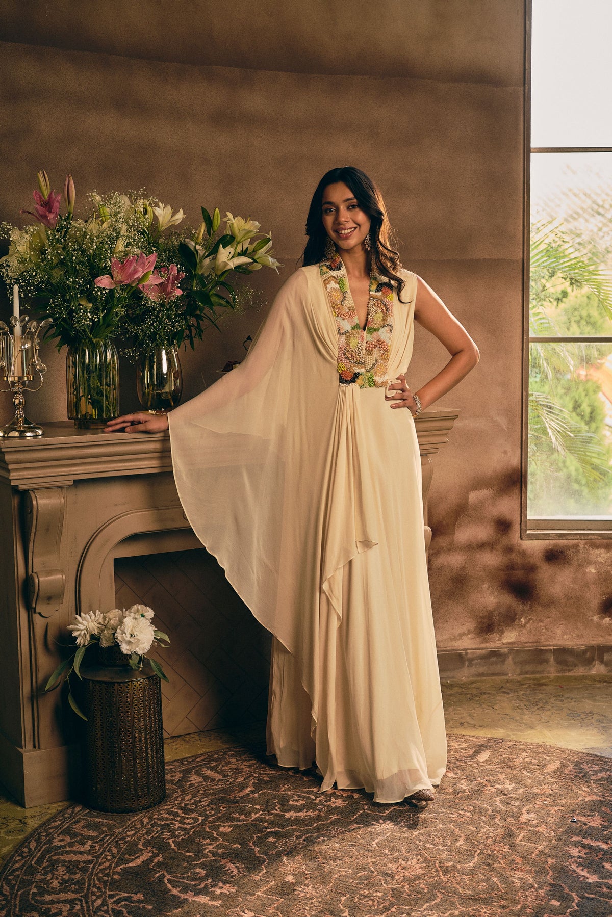 Off-Cream Embellished Georgette Silk Gown