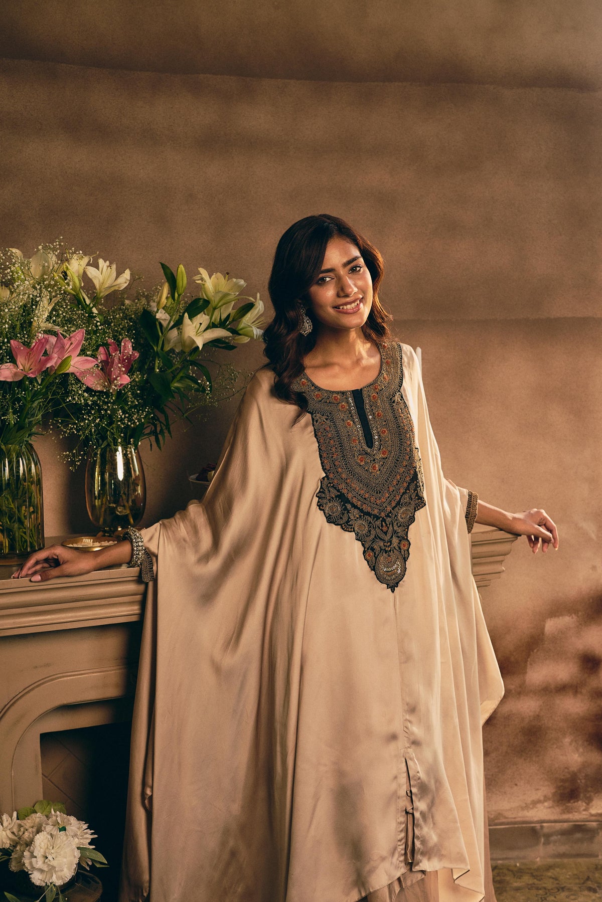 Champagne Beige Embellished Crepe Silk Kaftan Set