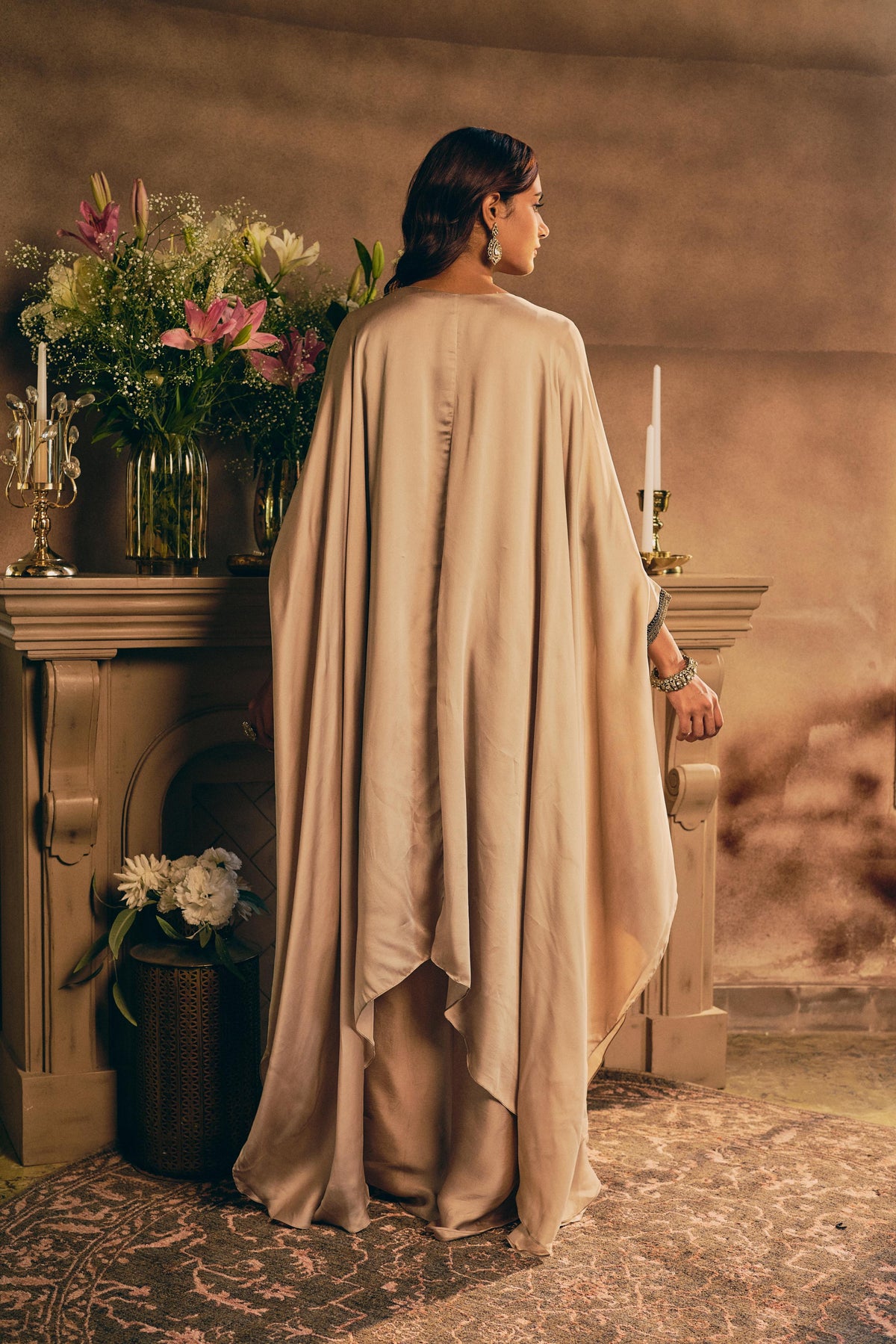 Champagne Beige Embellished Crepe Silk Kaftan Set