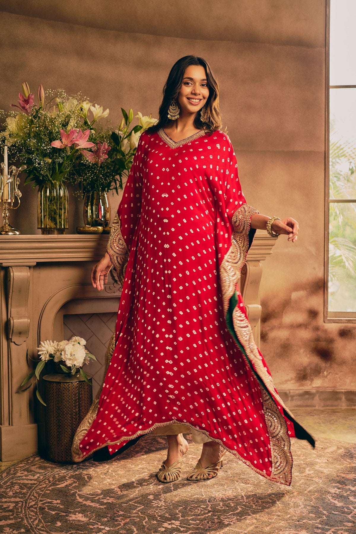 Scarlet Bandhej Embellished Crepe Silk Kaftan Set