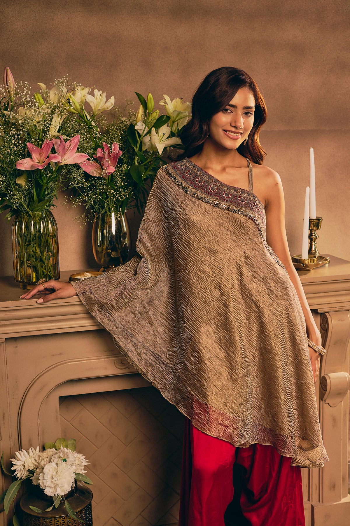 Metallic Gold & Red Embellished Crushed Tissue Palazzo Set
