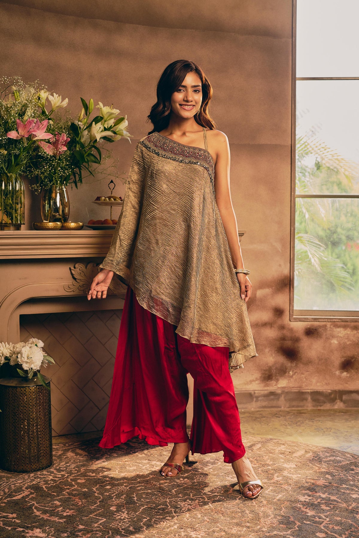 Metallic Gold & Red Embellished Crushed Tissue Palazzo Set