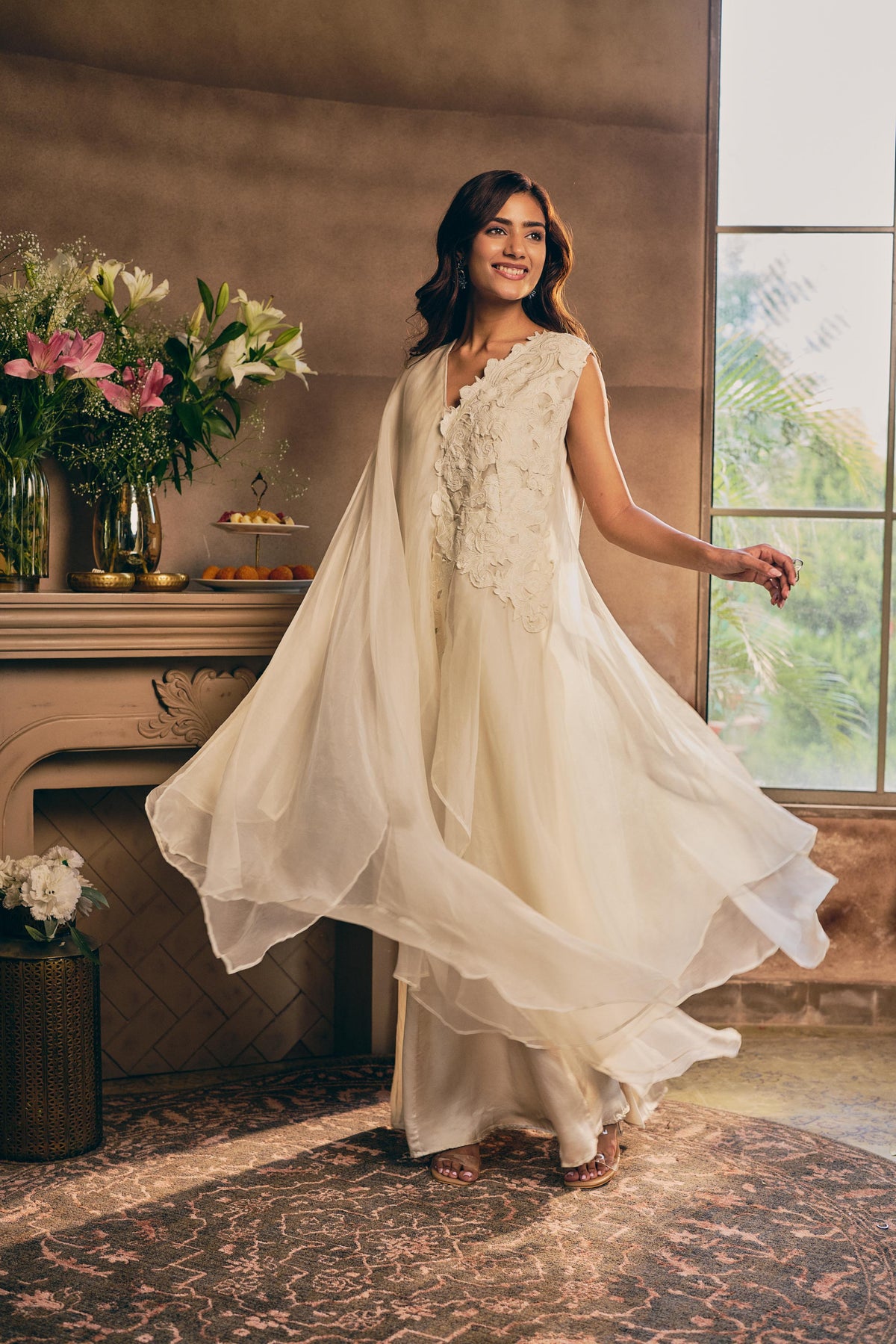 Ivory Cream Embellished Organza Silk Dress