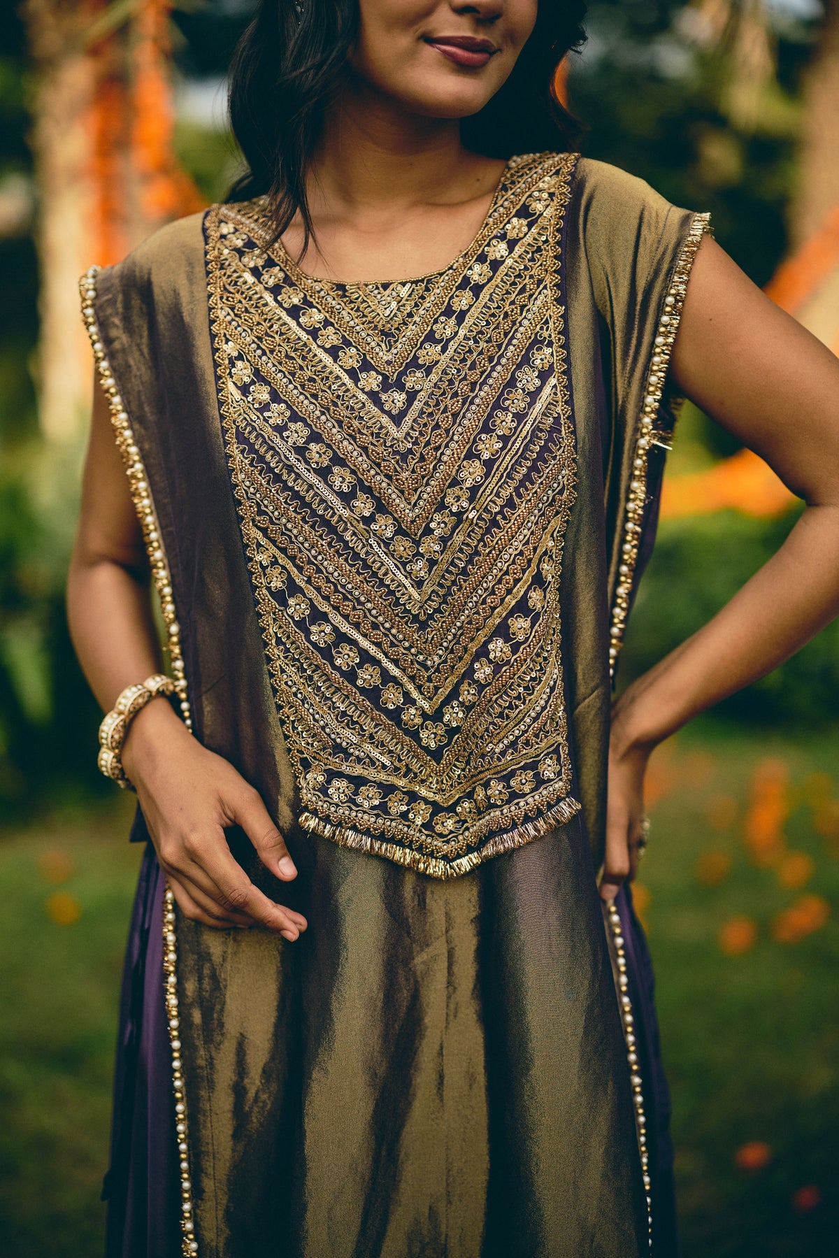 Purple Shine Embellished Shimmer Tissue Silk Pant Set