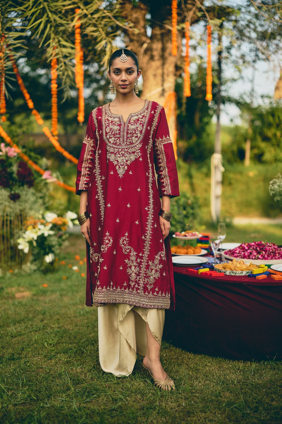 Burgundy Embellished Raw Silk Skirt Set