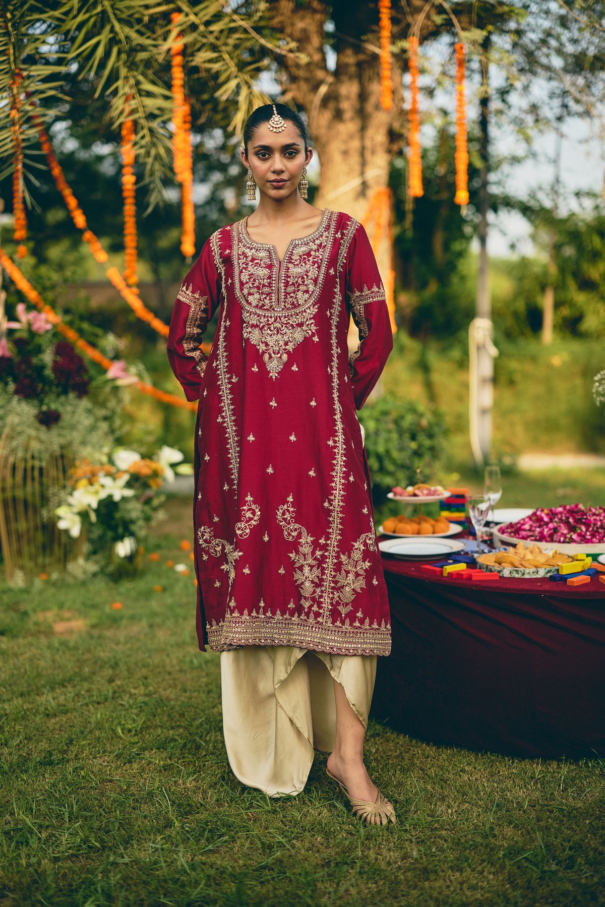 Burgundy Embellished Raw Silk Skirt Set