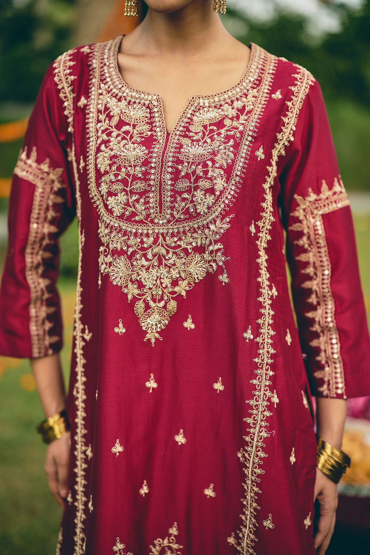 Burgundy Embellished Raw Silk Skirt Set