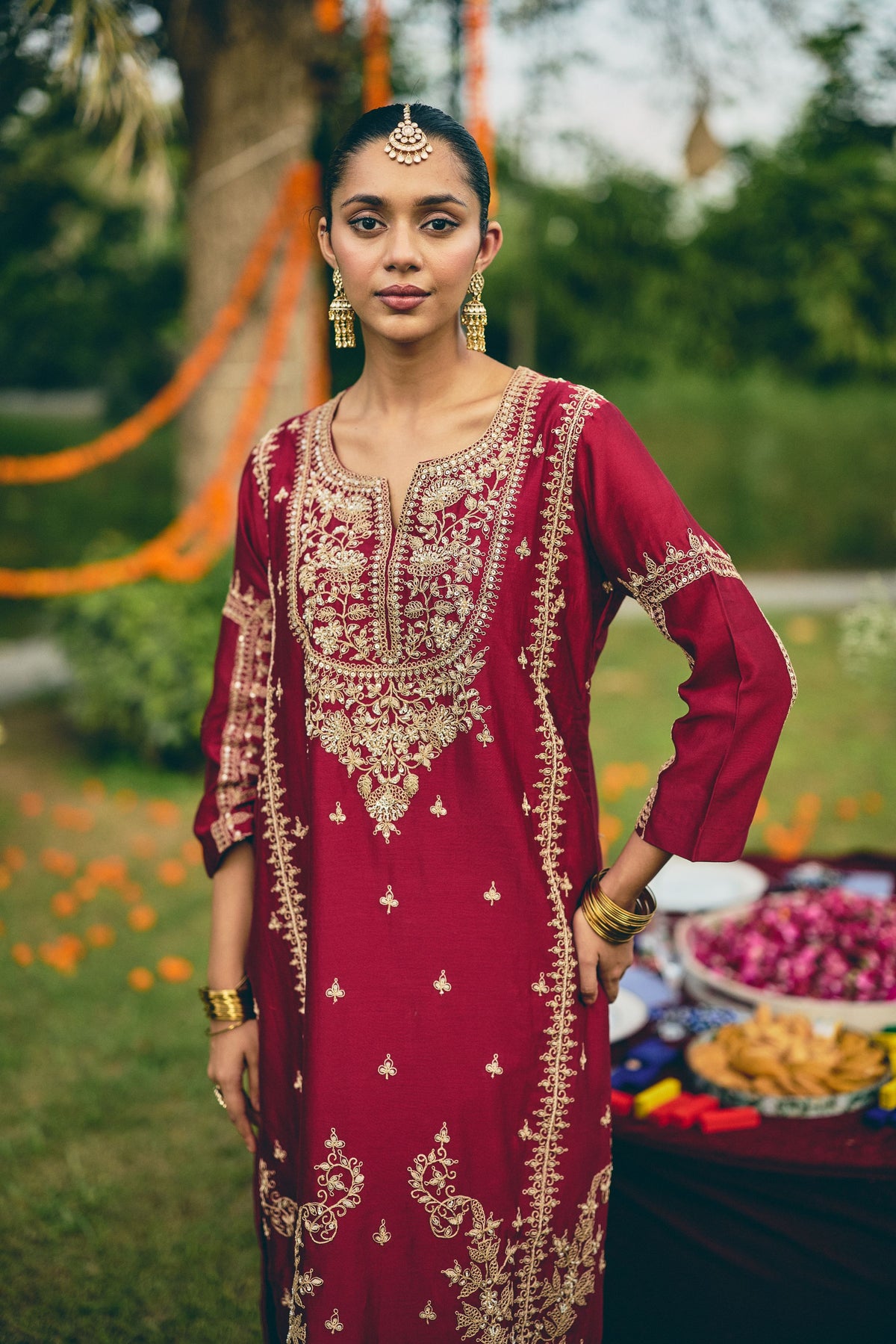 Burgundy Embellished Raw Silk Skirt Set
