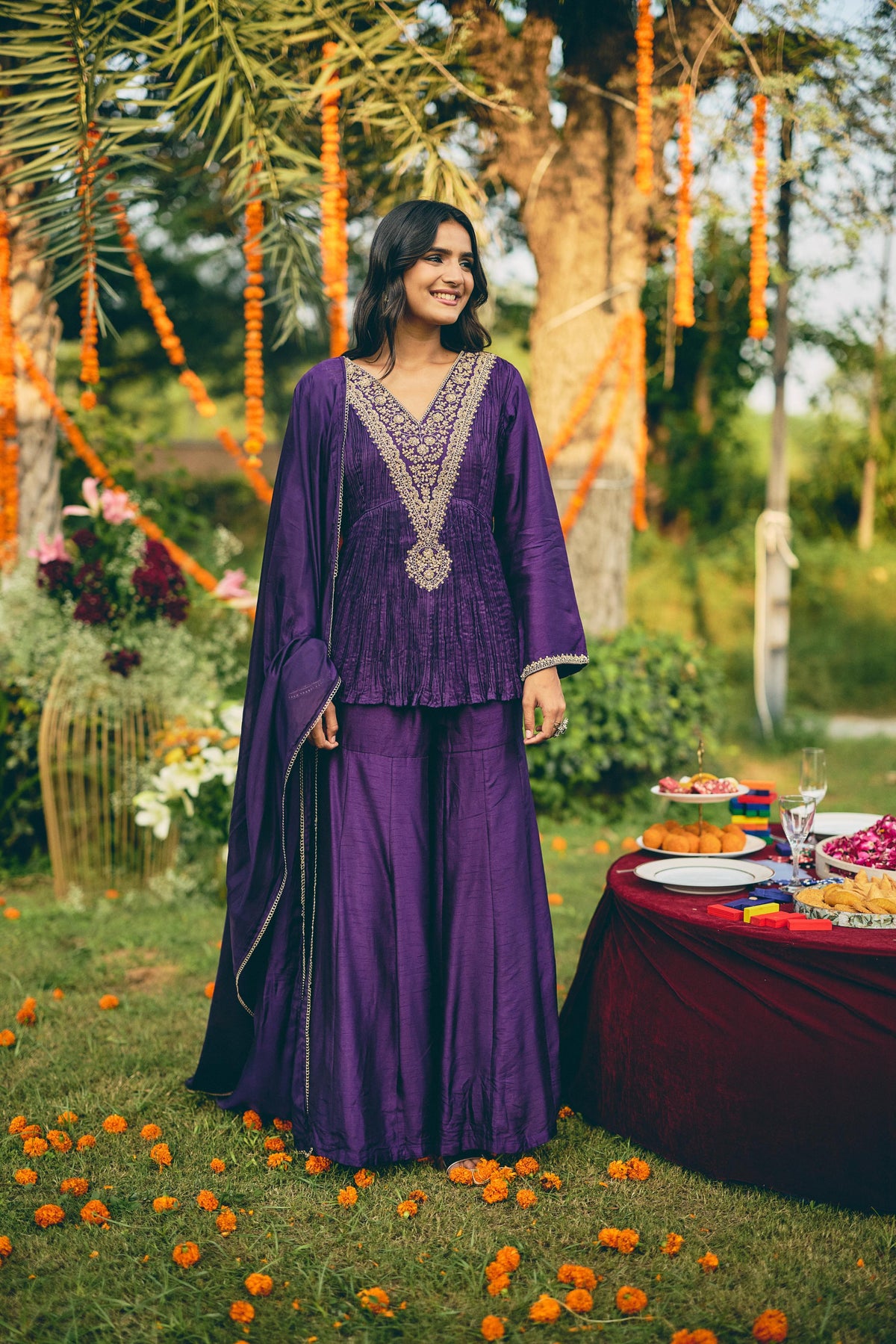 Deep Violet Embellished Raw Silk Sharara Set